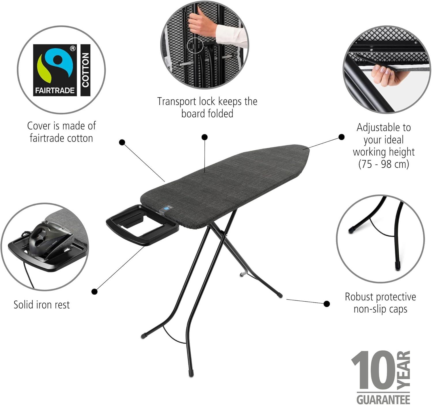 image:imageBrabantia Ironing Board B Solid Steam Iron Rest Adjustable Height NonSlip Rubber Feet 100 Fairtrade Cotton Cover with Foam Padding Foldable Metallized Size B 49 x 15 inDenim Black