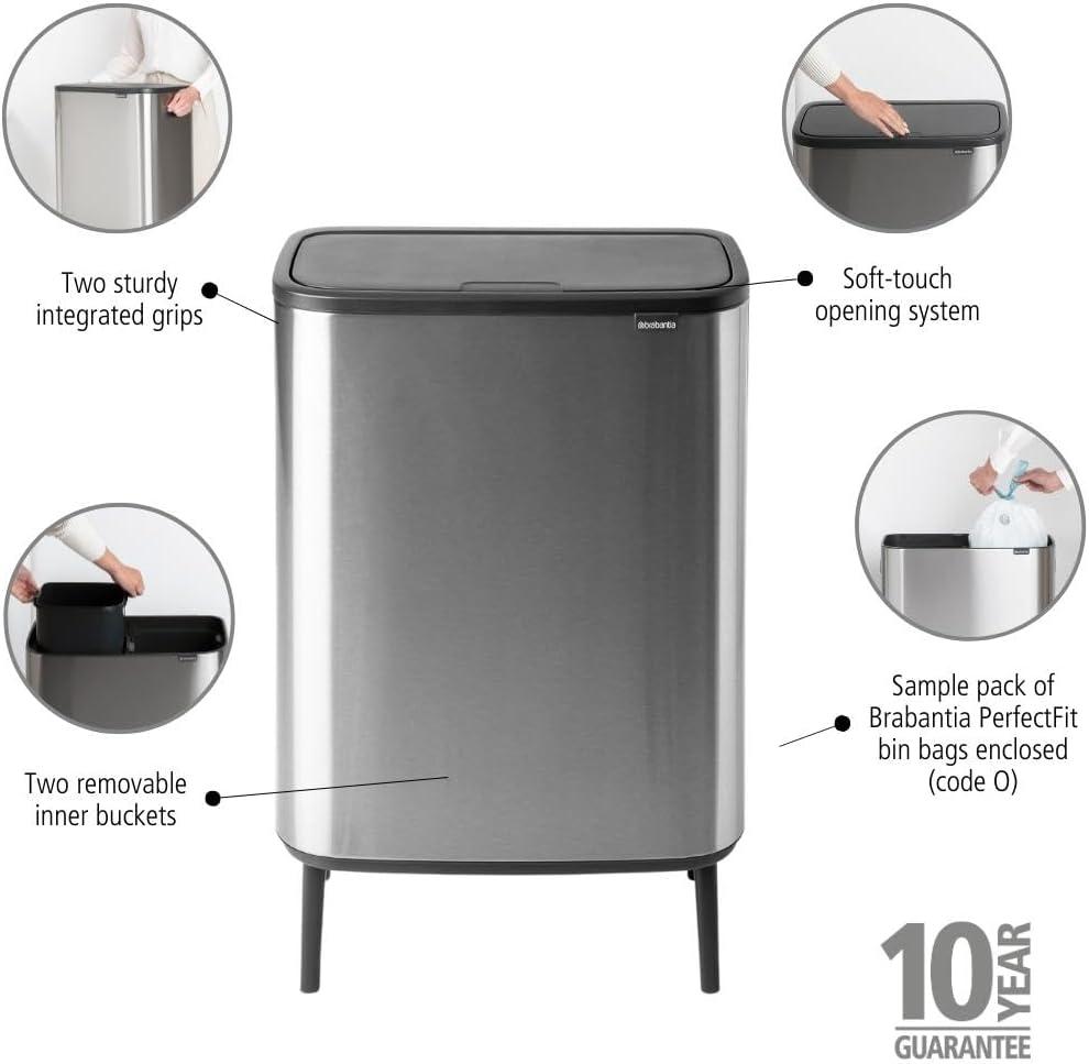 image:imageBrabantia Bo Hi Touch Top Kitchen Trash Can with Dual Compartments amp Raised Legs White 2 x 8 Gal Inner Buckets SoftClose Light Touch Opening StayOpen Lid Trash BagsMatt Steel FPP