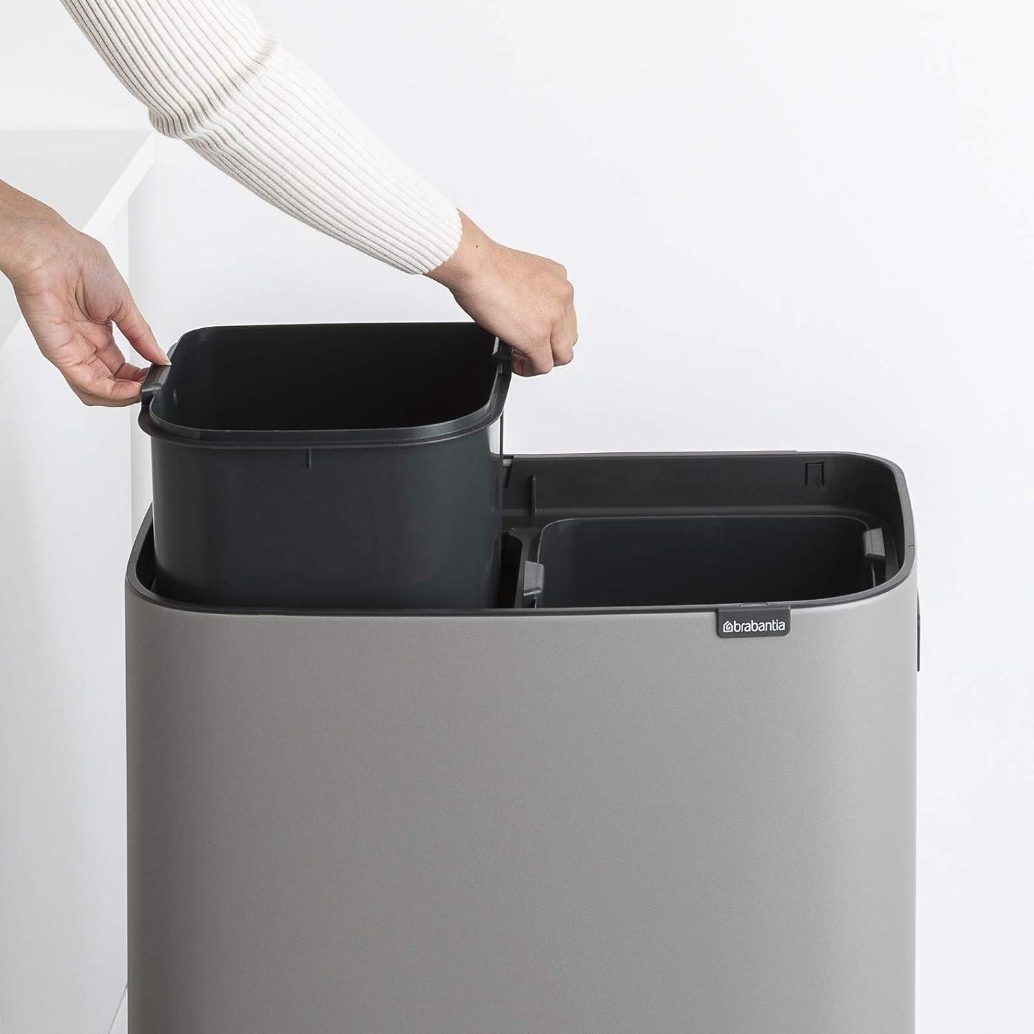 image:imageBrabantia Bo Hi Touch Top Kitchen Trash Can with Dual Compartments amp Raised Legs White 2 x 8 Gal Inner Buckets SoftClose Light Touch Opening StayOpen Lid Trash BagsMineral Concrete Gray