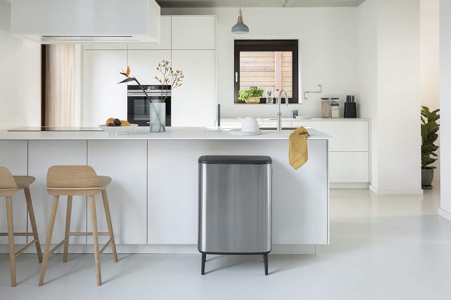 image:imageBrabantia Bo Hi Touch Top Kitchen Trash Can with Dual Compartments amp Raised Legs White 2 x 8 Gal Inner Buckets SoftClose Light Touch Opening StayOpen Lid Trash BagsMatt Steel FPP