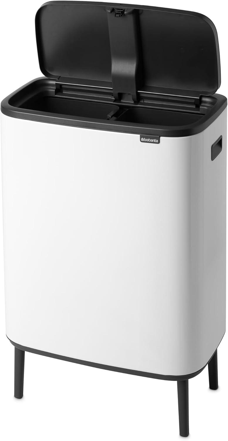 image:imageBrabantia Bo Hi Touch Top Kitchen Trash Can with Dual Compartments amp Raised Legs White 2 x 8 Gal Inner Buckets SoftClose Light Touch Opening StayOpen Lid Trash BagsWhite