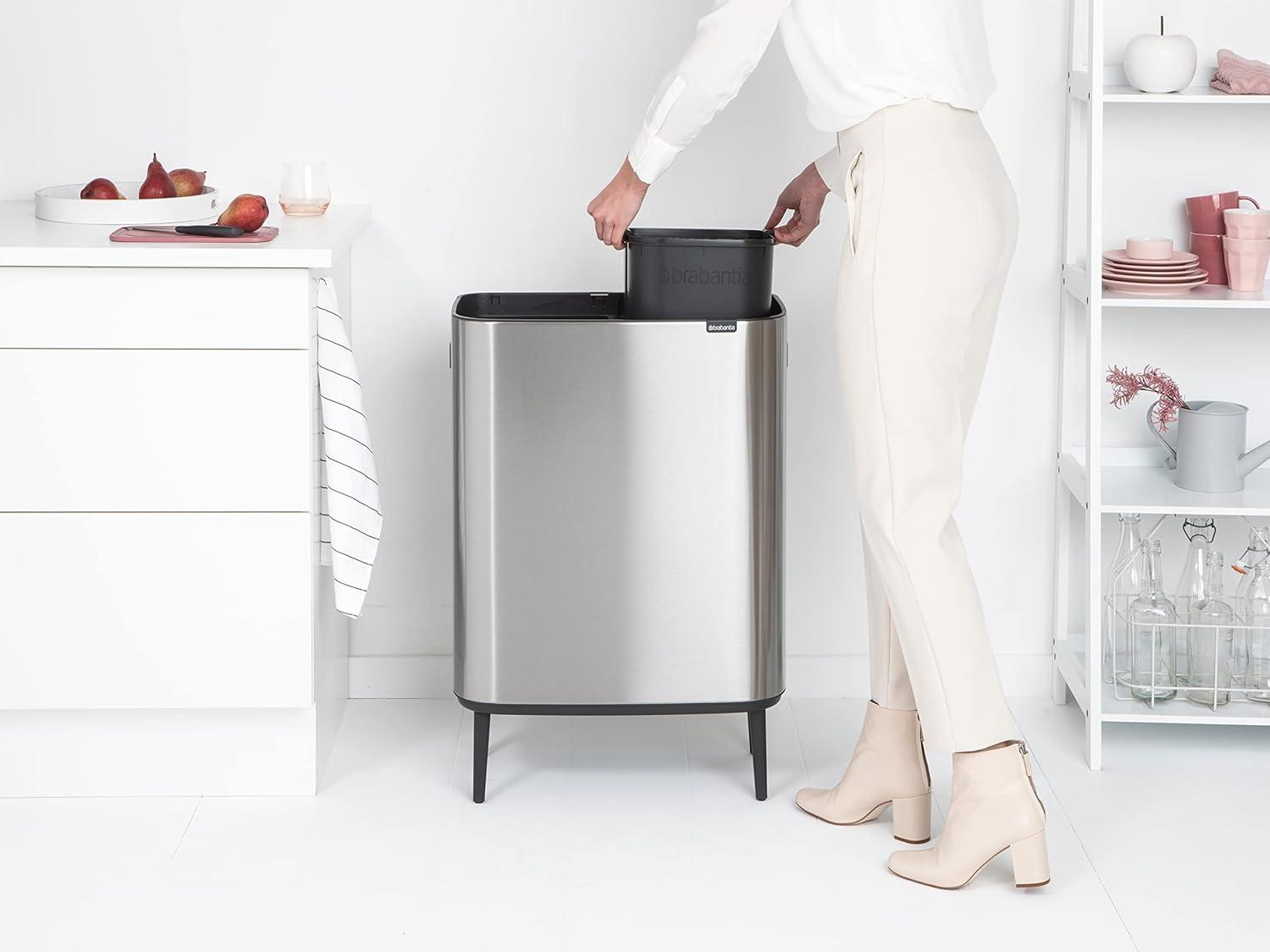 image:imageBrabantia Bo Hi Touch Top Kitchen Trash Can with Dual Compartments amp Raised Legs White 2 x 8 Gal Inner Buckets SoftClose Light Touch Opening StayOpen Lid Trash BagsMatt Steel FPP