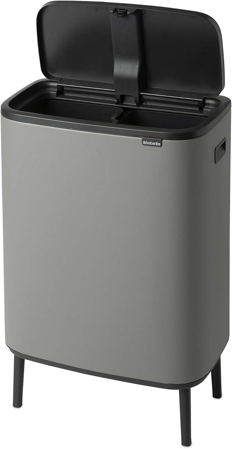 image:imageBrabantia Bo Hi Touch Top Kitchen Trash Can with Dual Compartments amp Raised Legs White 2 x 8 Gal Inner Buckets SoftClose Light Touch Opening StayOpen Lid Trash BagsMineral Concrete Gray