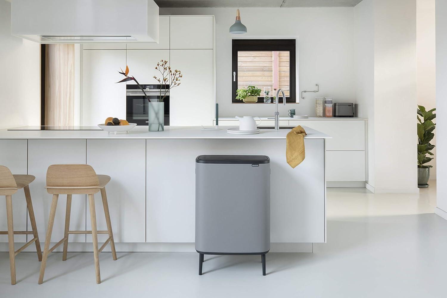 image:imageBrabantia Bo Hi Touch Top Kitchen Trash Can with Dual Compartments amp Raised Legs White 2 x 8 Gal Inner Buckets SoftClose Light Touch Opening StayOpen Lid Trash BagsMineral Concrete Gray