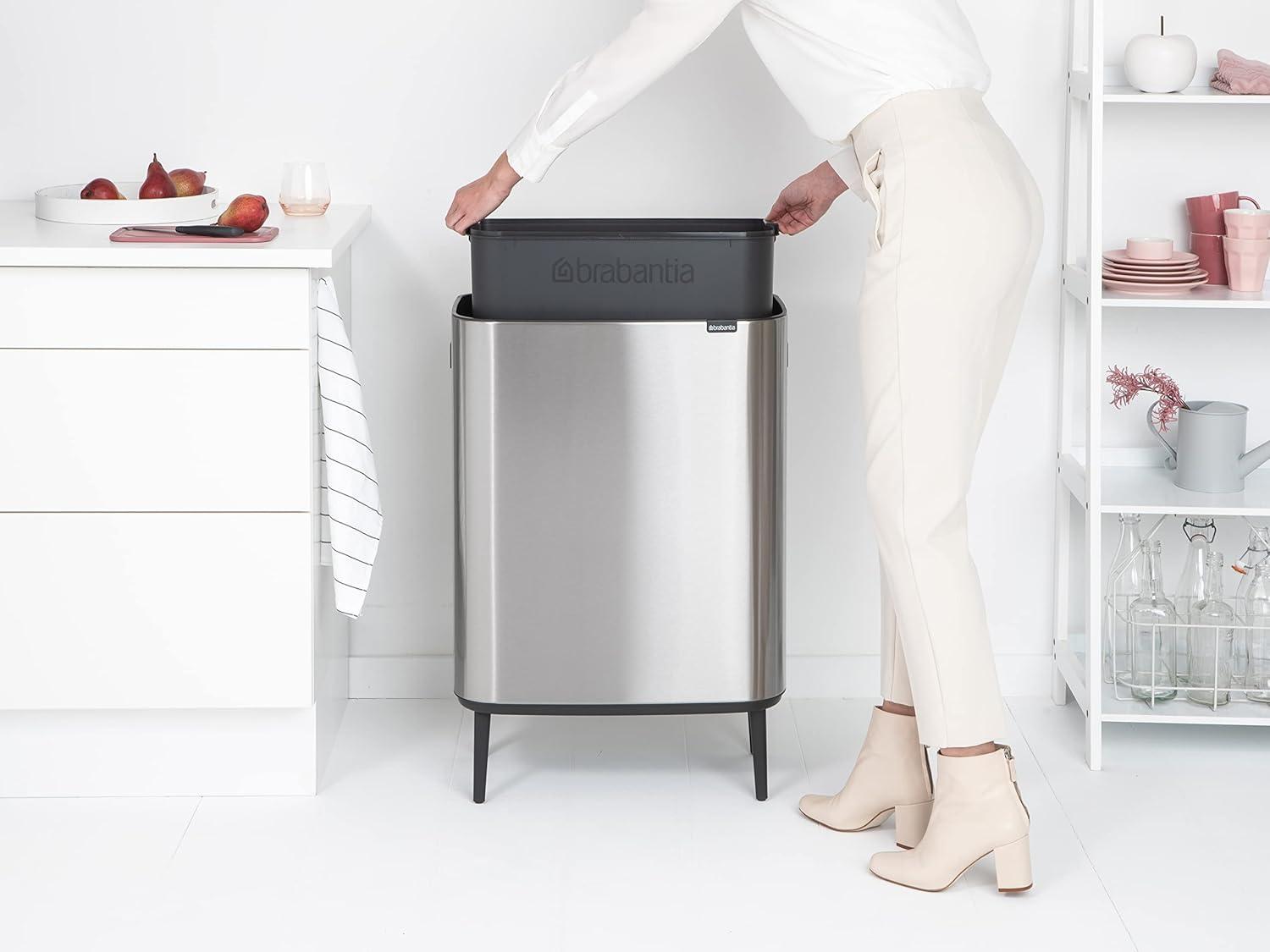 image:imageBrabantia Bo Hi Touch Top Kitchen Trash Can with Dual Compartments amp Raised Legs White 2 x 8 Gal Inner Buckets SoftClose Light Touch Opening StayOpen Lid Trash BagsMatt Steel FPP