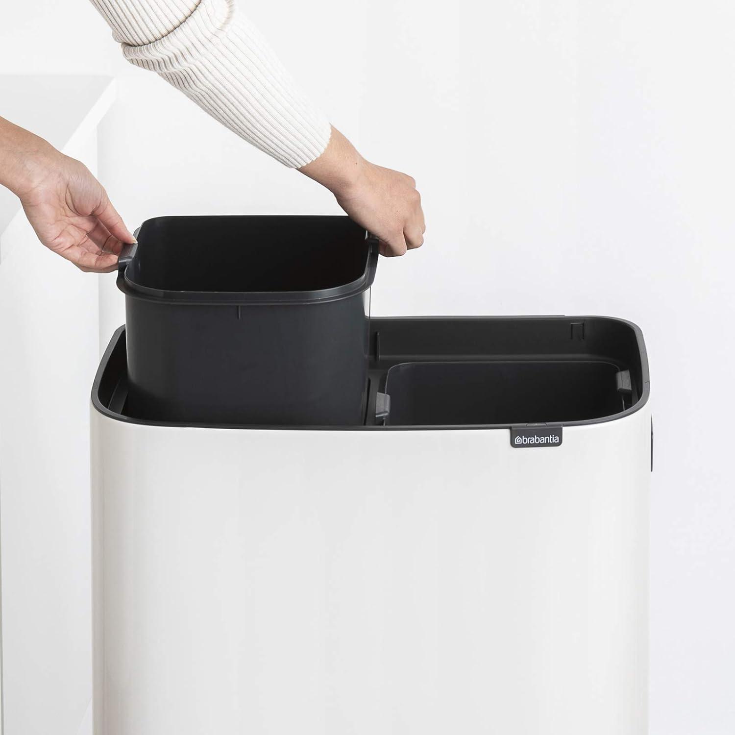 image:imageBrabantia Bo Hi Touch Top Kitchen Trash Can with Dual Compartments amp Raised Legs White 2 x 8 Gal Inner Buckets SoftClose Light Touch Opening StayOpen Lid Trash BagsWhite