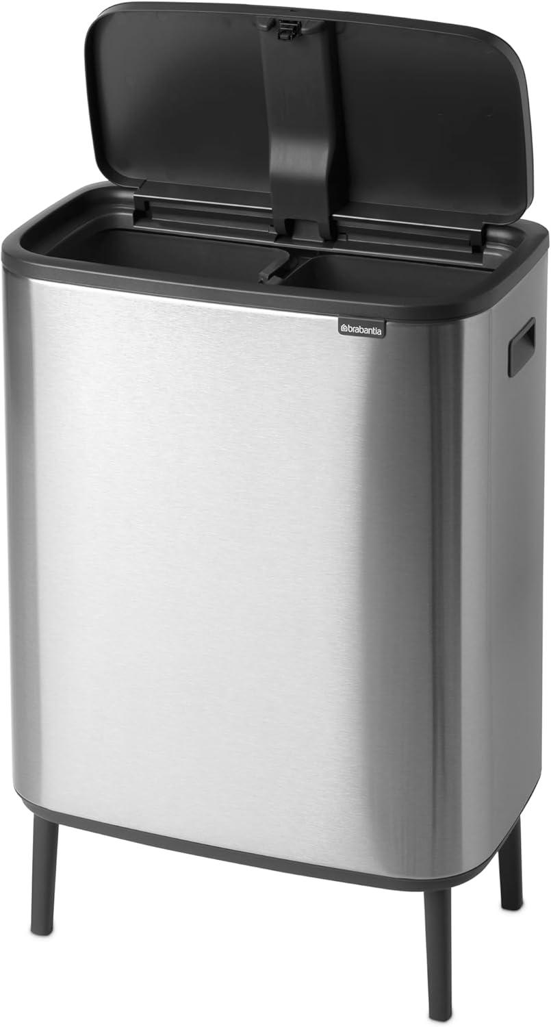 image:imageBrabantia Bo Hi Touch Top Kitchen Trash Can with Dual Compartments amp Raised Legs White 2 x 8 Gal Inner Buckets SoftClose Light Touch Opening StayOpen Lid Trash BagsMatt Steel FPP