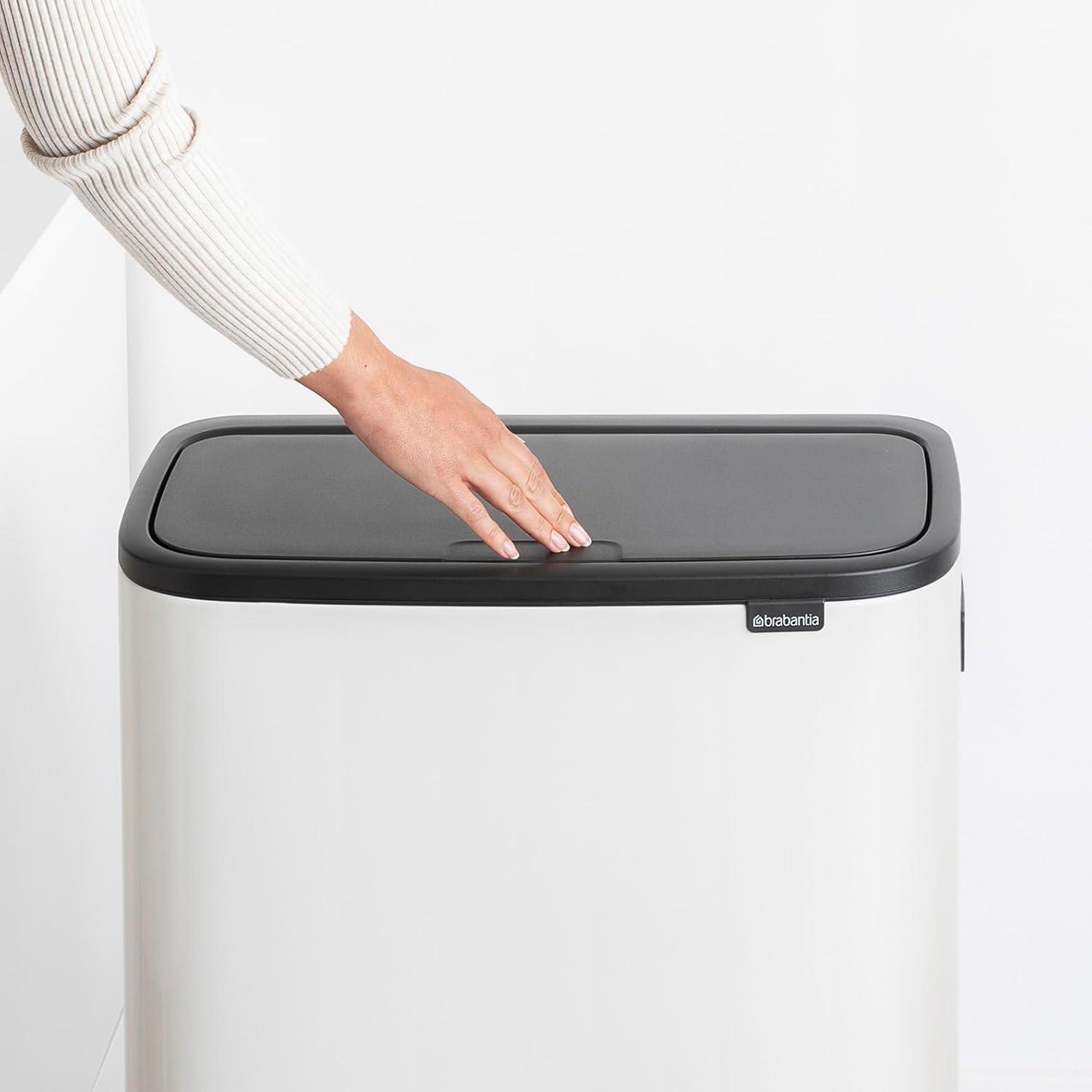 image:imageBrabantia Bo Hi Touch Top Kitchen Trash Can with Dual Compartments amp Raised Legs White 2 x 8 Gal Inner Buckets SoftClose Light Touch Opening StayOpen Lid Trash BagsWhite