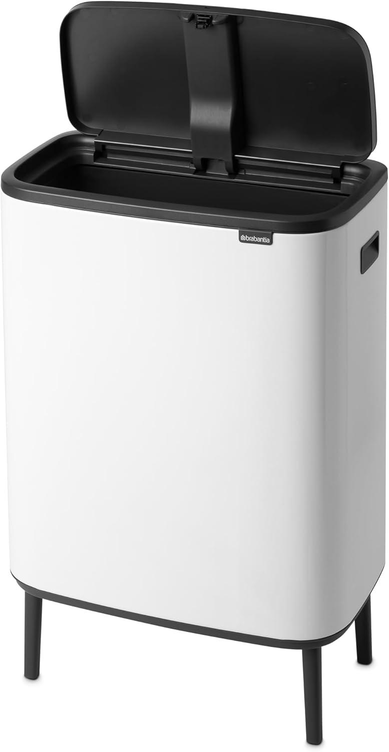 image:imageBrabantia Bo Hi Touch Top Kitchen Trash Can with Dual Compartments amp Raised Legs White 2 x 8 Gal Inner Buckets SoftClose Light Touch Opening StayOpen Lid Trash BagsWhite