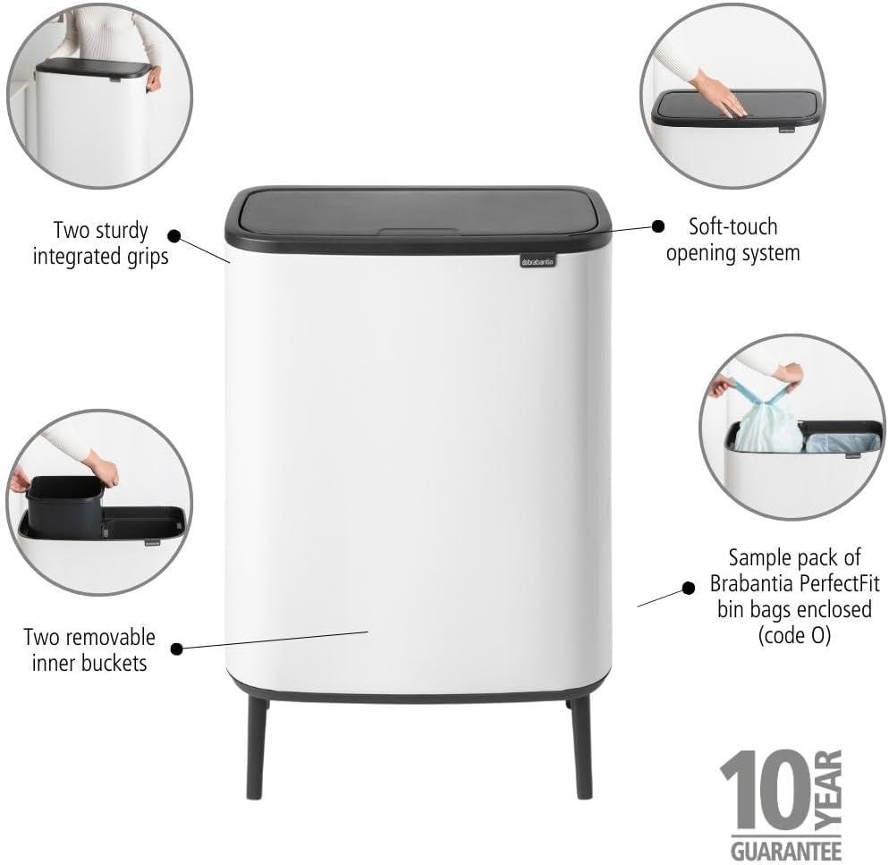 image:imageBrabantia Bo Hi Touch Top Kitchen Trash Can with Dual Compartments amp Raised Legs White 2 x 8 Gal Inner Buckets SoftClose Light Touch Opening StayOpen Lid Trash BagsWhite