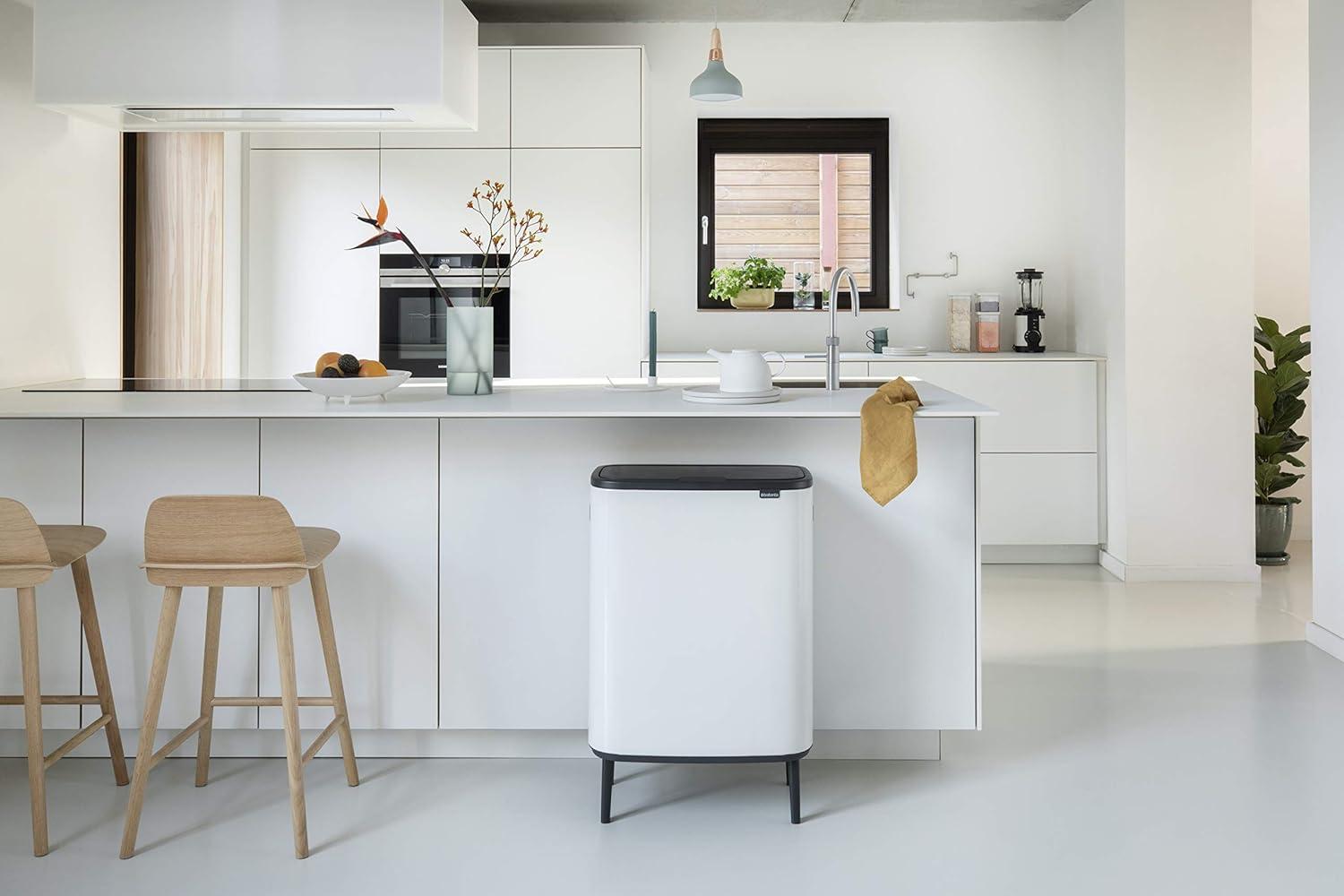 image:imageBrabantia Bo Hi Touch Top Kitchen Trash Can with Dual Compartments amp Raised Legs White 2 x 8 Gal Inner Buckets SoftClose Light Touch Opening StayOpen Lid Trash BagsWhite