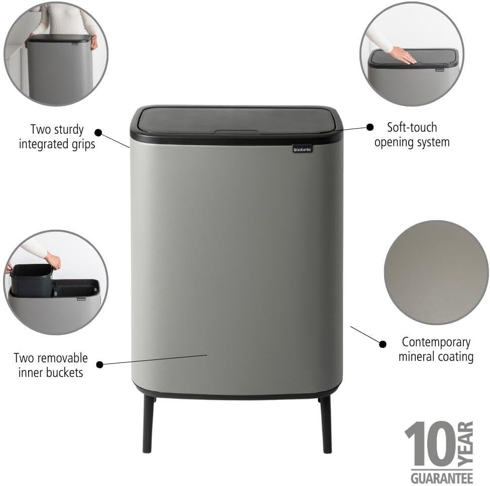 image:imageBrabantia Bo Hi Touch Top Kitchen Trash Can with Dual Compartments amp Raised Legs White 2 x 8 Gal Inner Buckets SoftClose Light Touch Opening StayOpen Lid Trash BagsMineral Concrete Gray