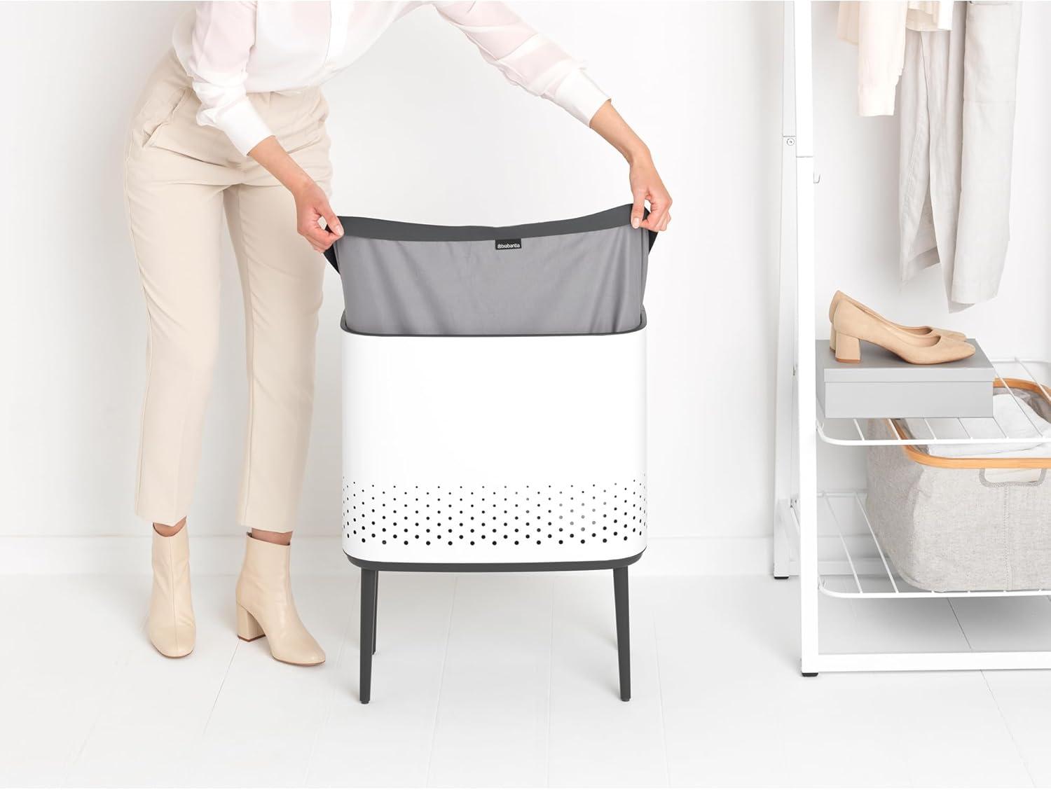 image:imageBrabantia Bo Laundry Hamper White Removable Laundry Bag 16 Gal Ventilated Stylish Discreet Dirty Clothes Holder Flat Back AntiRust Materials for Bathroom UseWhite