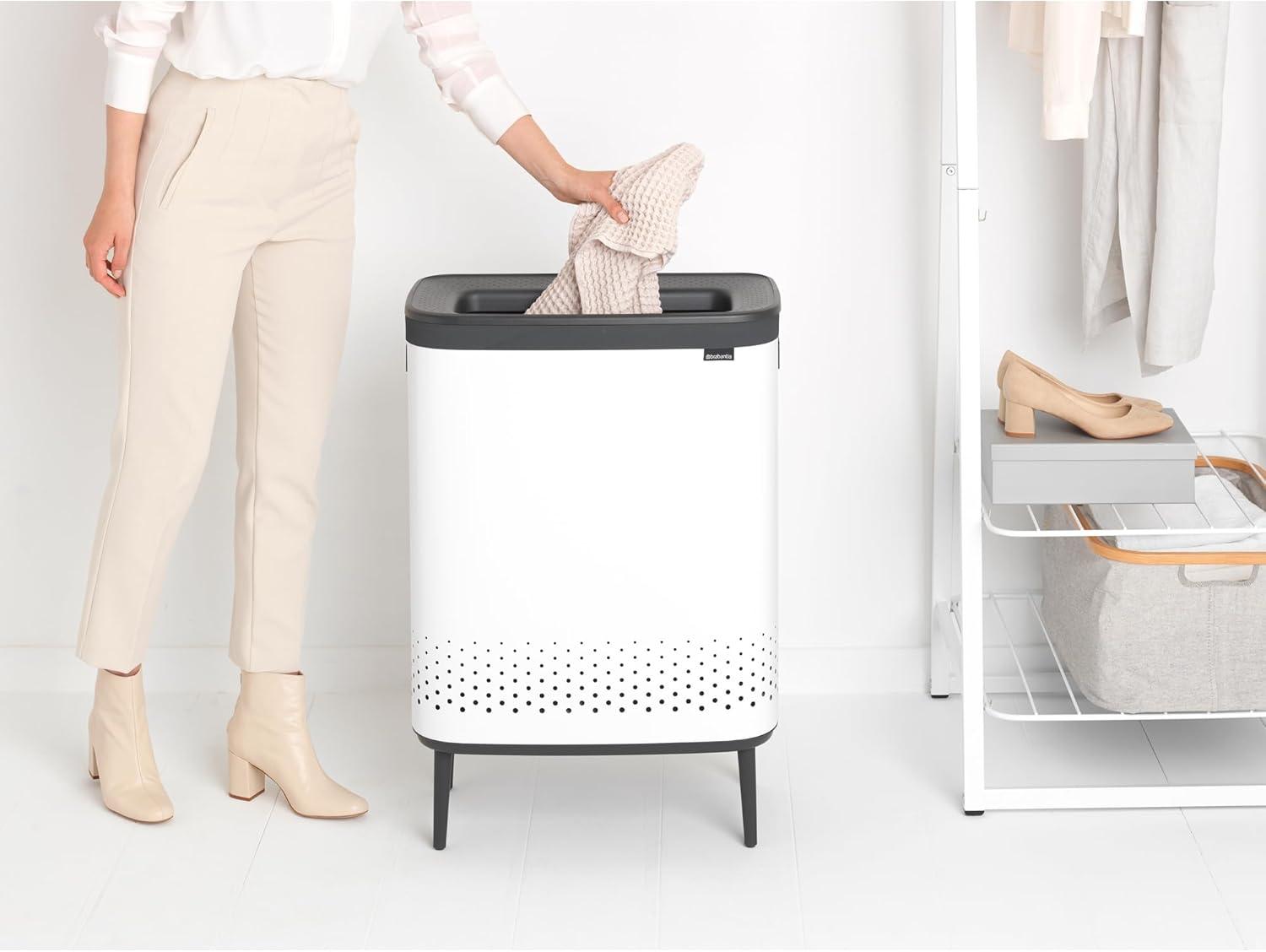 image:imageBrabantia Bo Laundry Hamper White Removable Laundry Bag 16 Gal Ventilated Stylish Discreet Dirty Clothes Holder Flat Back AntiRust Materials for Bathroom UseWhite