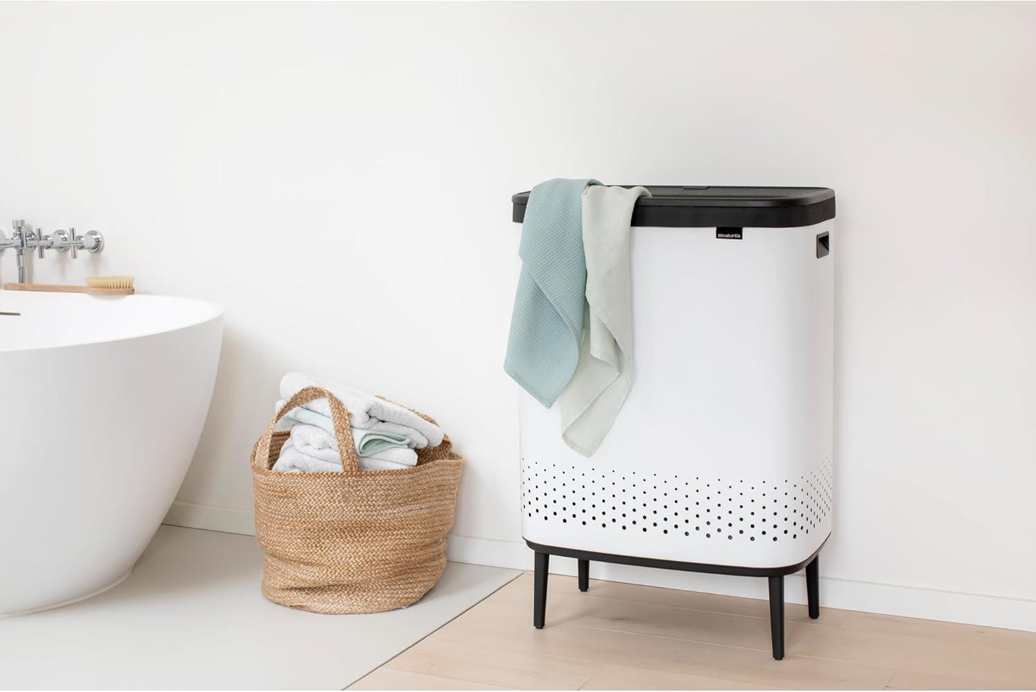 image:imageBrabantia Bo Laundry Hamper White Removable Laundry Bag 16 Gal Ventilated Stylish Discreet Dirty Clothes Holder Flat Back AntiRust Materials for Bathroom UseWhite