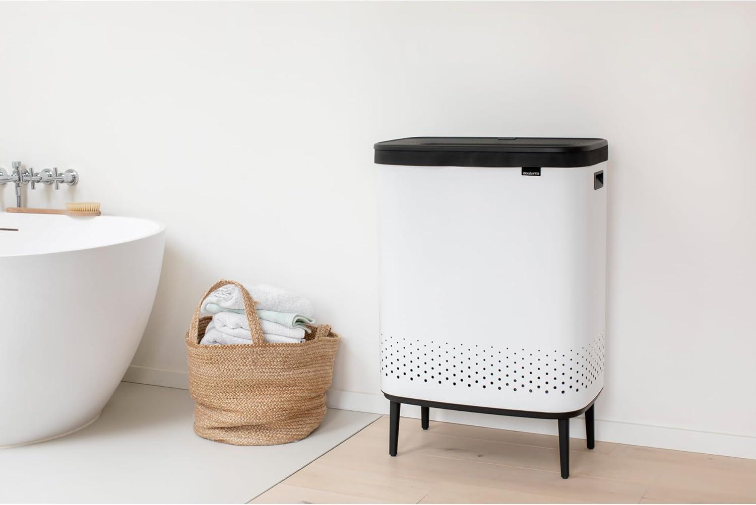 image:imageBrabantia Bo Laundry Hamper White Removable Laundry Bag 16 Gal Ventilated Stylish Discreet Dirty Clothes Holder Flat Back AntiRust Materials for Bathroom UseWhite