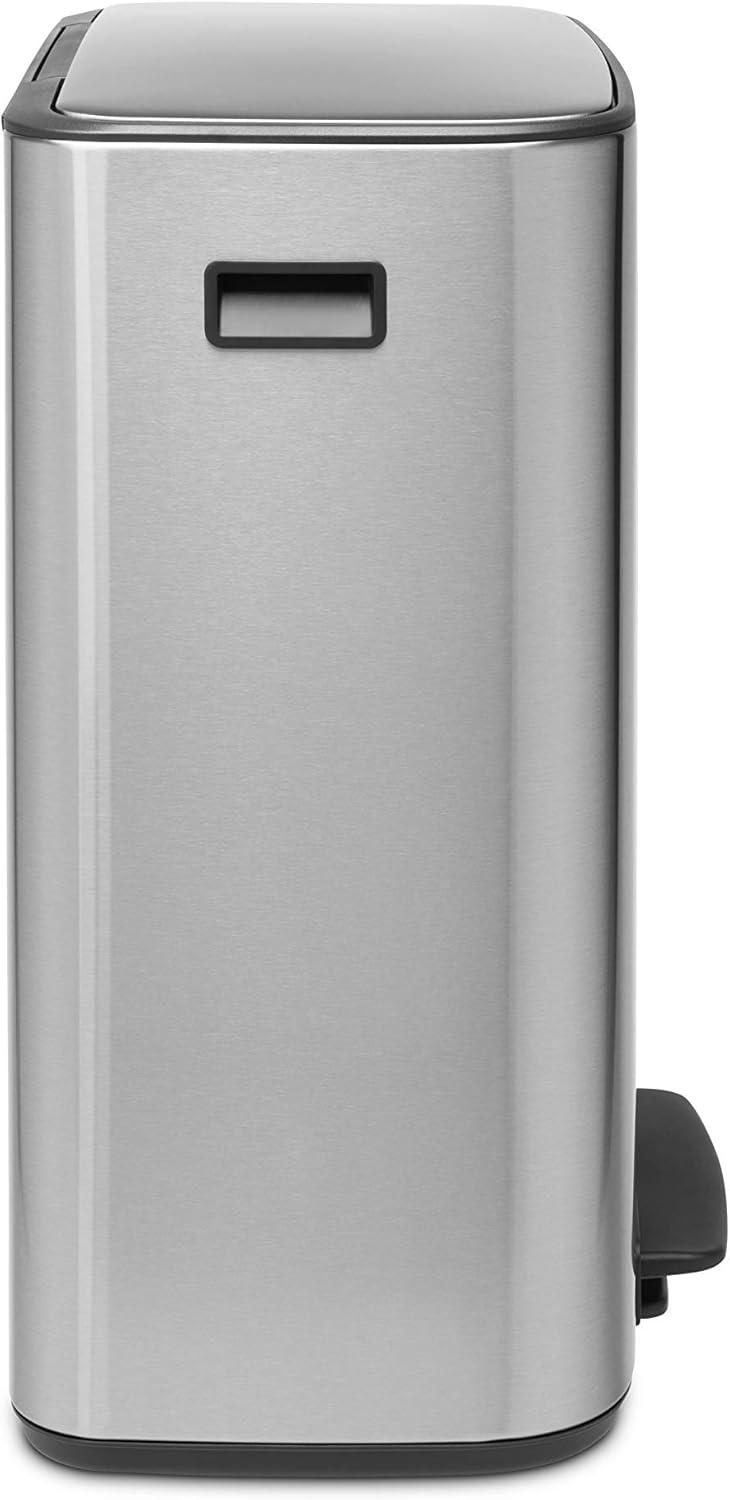 image:imageBrabantia Bo StepOn Kitchen Trash Can with Dual Compartments Matt Black 3 6 Gal Inner Buckets SoftClose Garbage Can Light Pedal Operation StayOpen Lid Fits Against Wall Trash BagsMatt Steel FPP