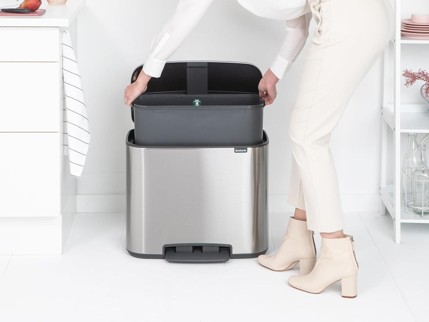 image:imageBrabantia Bo StepOn Kitchen Trash Can with Dual Compartments Matt Black 3 6 Gal Inner Buckets SoftClose Garbage Can Light Pedal Operation StayOpen Lid Fits Against Wall Trash BagsMatt Steel FPP
