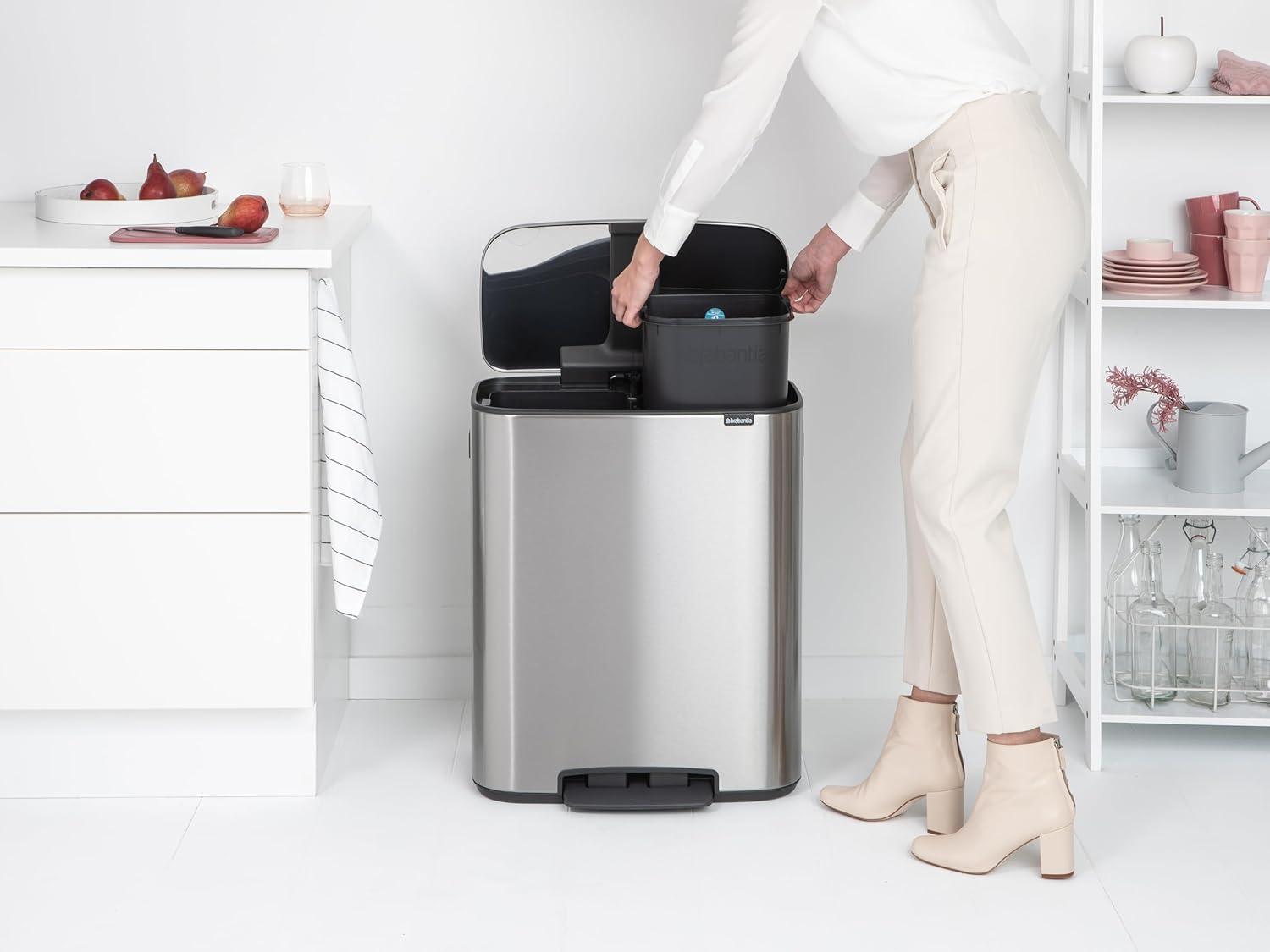 image:imageBrabantia Bo StepOn Kitchen Trash Can with Dual Compartments Matt Black 3 6 Gal Inner Buckets SoftClose Garbage Can Light Pedal Operation StayOpen Lid Fits Against Wall Trash BagsMineral Concrete Gray