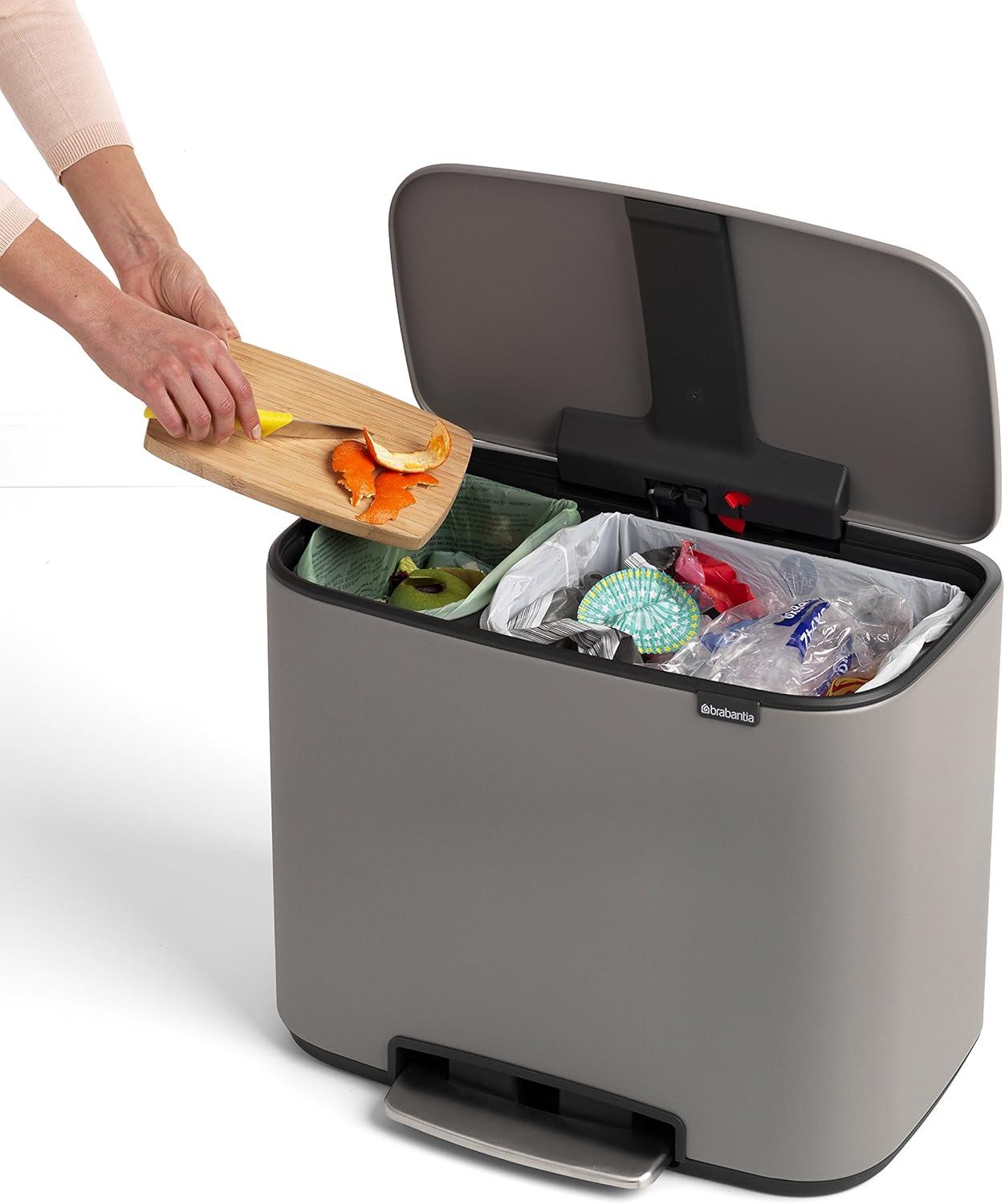 image:imageBrabantia Bo StepOn Kitchen Trash Can with Dual Compartments Matt Black 3 6 Gal Inner Buckets SoftClose Garbage Can Light Pedal Operation StayOpen Lid Fits Against Wall Trash BagsMineral Concrete Gray