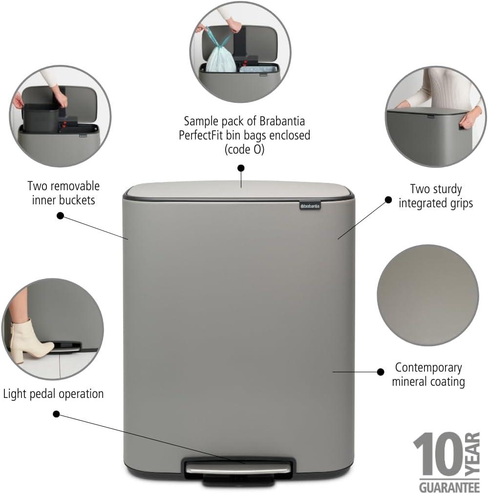 image:imageBrabantia Bo StepOn Kitchen Trash Can with Dual Compartments Matt Black 3 6 Gal Inner Buckets SoftClose Garbage Can Light Pedal Operation StayOpen Lid Fits Against Wall Trash BagsMineral Concrete Gray