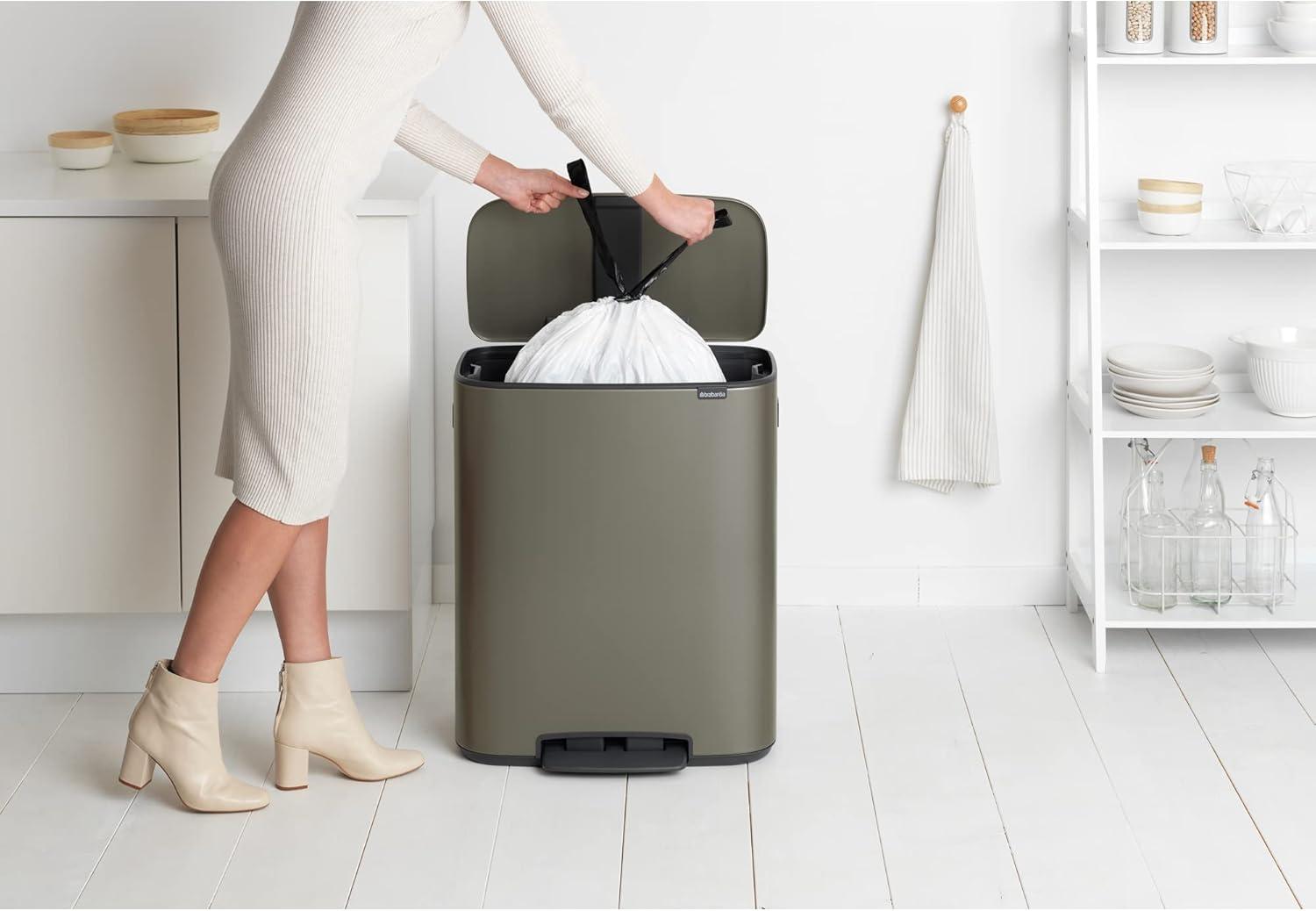 image:imageBrabantia Bo StepOn Kitchen Trash Can with Dual Compartments Matt Black 3 6 Gal Inner Buckets SoftClose Garbage Can Light Pedal Operation StayOpen Lid Fits Against Wall Trash BagsPlatinum