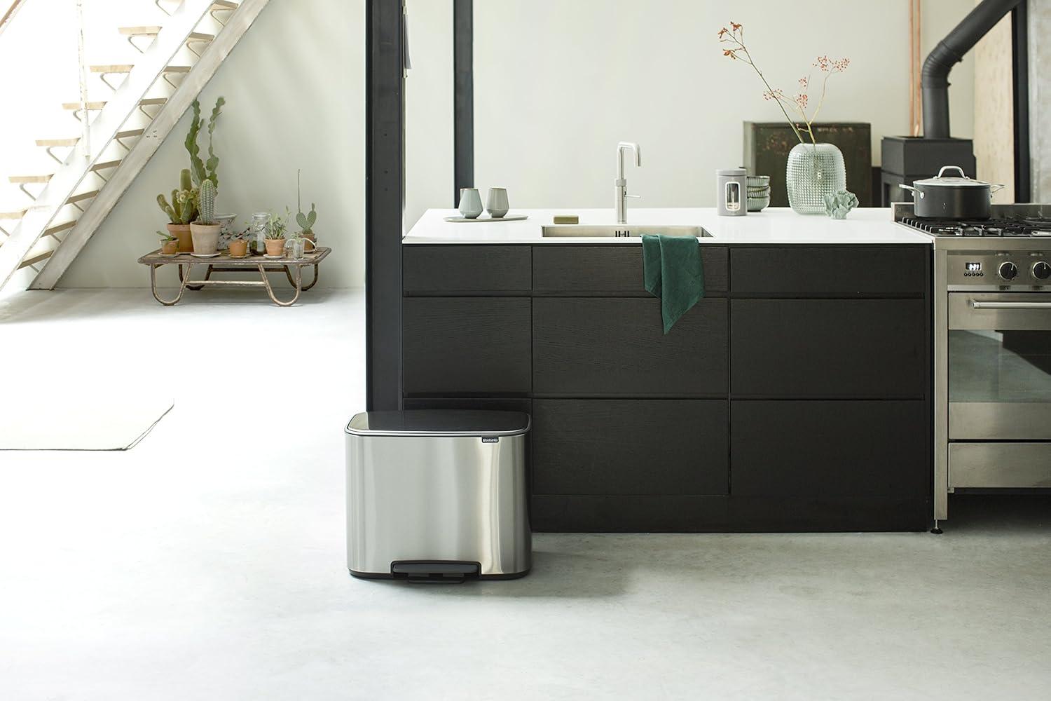 image:imageBrabantia Bo StepOn Kitchen Trash Can with Dual Compartments Matt Black 3 6 Gal Inner Buckets SoftClose Garbage Can Light Pedal Operation StayOpen Lid Fits Against Wall Trash BagsMatt Steel FPP