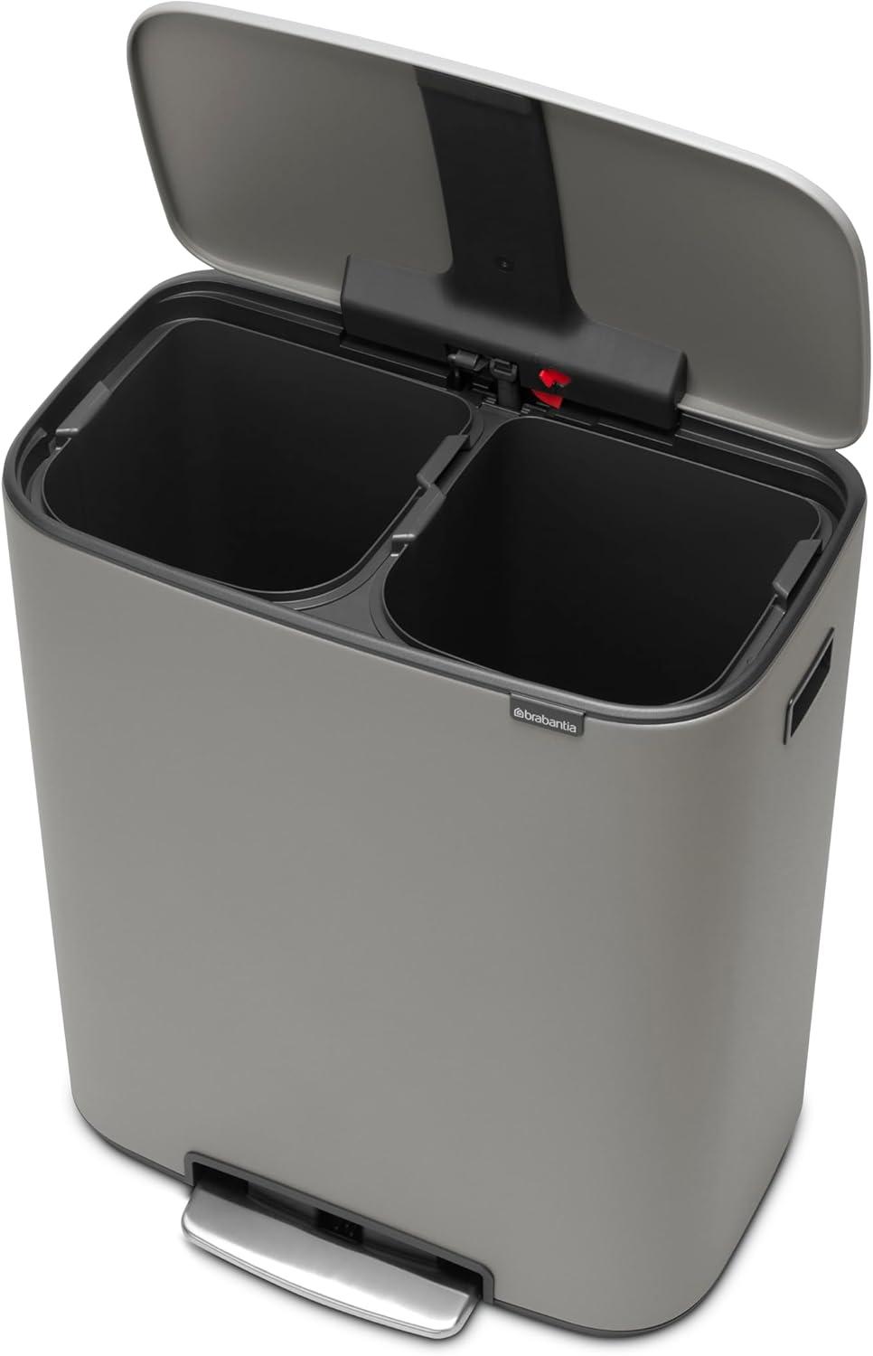 image:imageBrabantia Bo StepOn Kitchen Trash Can with Dual Compartments Matt Black 3 6 Gal Inner Buckets SoftClose Garbage Can Light Pedal Operation StayOpen Lid Fits Against Wall Trash BagsMineral Concrete Gray