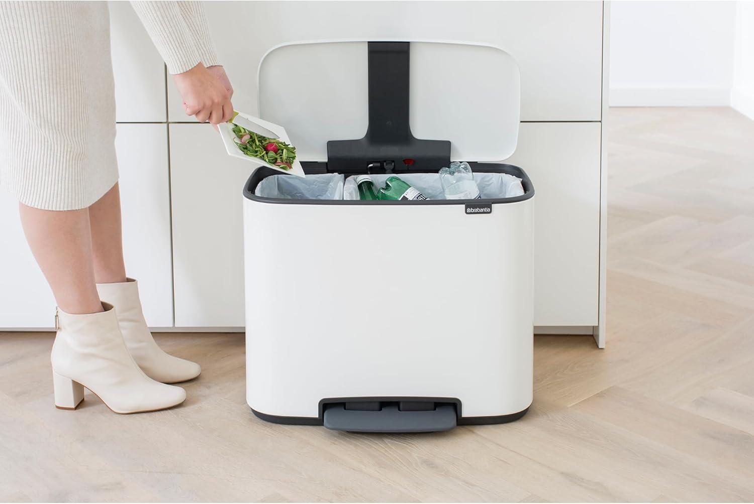 image:imageBrabantia Bo StepOn Kitchen Trash Can with Dual Compartments Matt Black 3 6 Gal Inner Buckets SoftClose Garbage Can Light Pedal Operation StayOpen Lid Fits Against Wall Trash BagsWhite