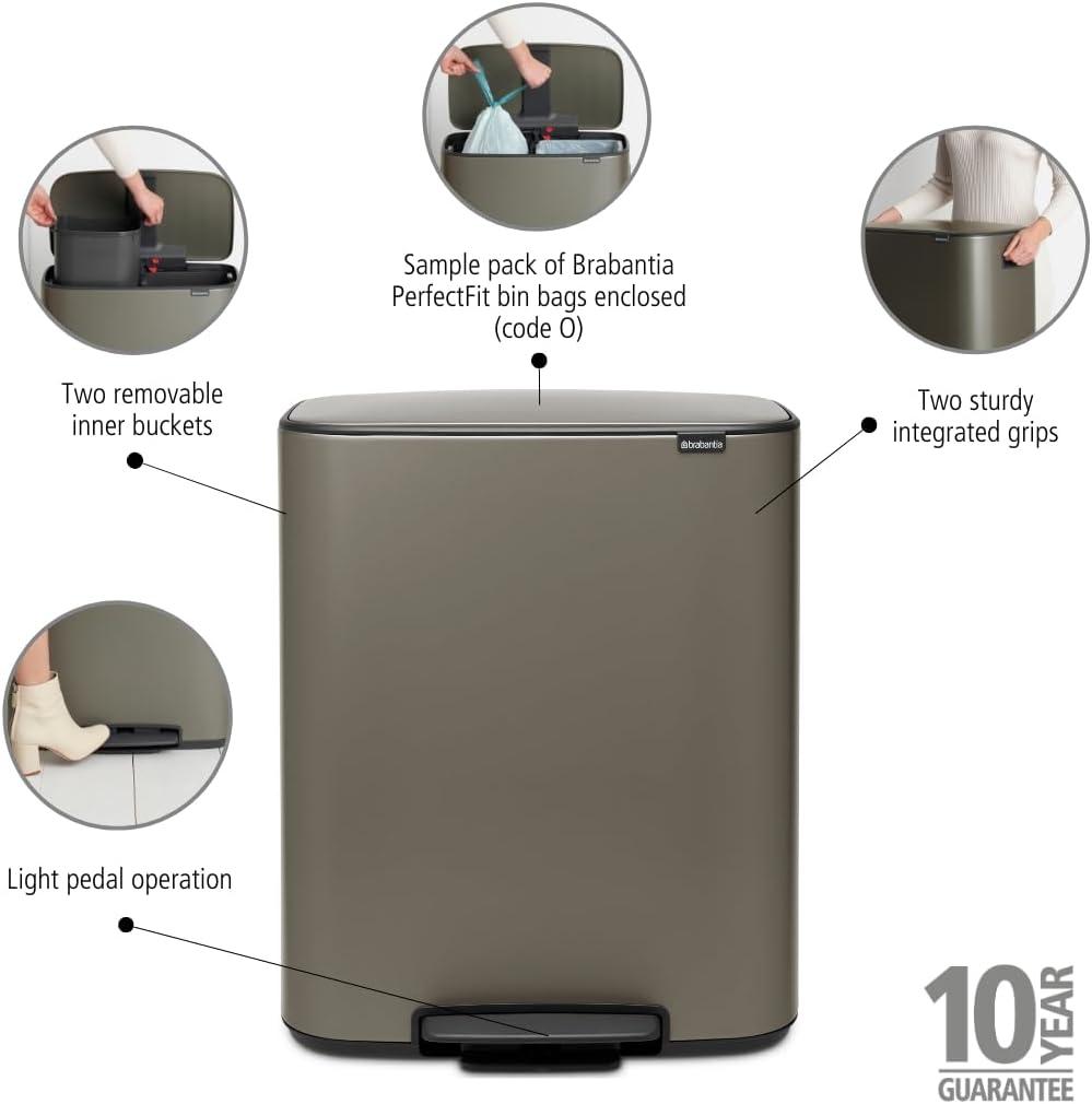image:imageBrabantia Bo StepOn Kitchen Trash Can with Dual Compartments Matt Black 3 6 Gal Inner Buckets SoftClose Garbage Can Light Pedal Operation StayOpen Lid Fits Against Wall Trash BagsPlatinum