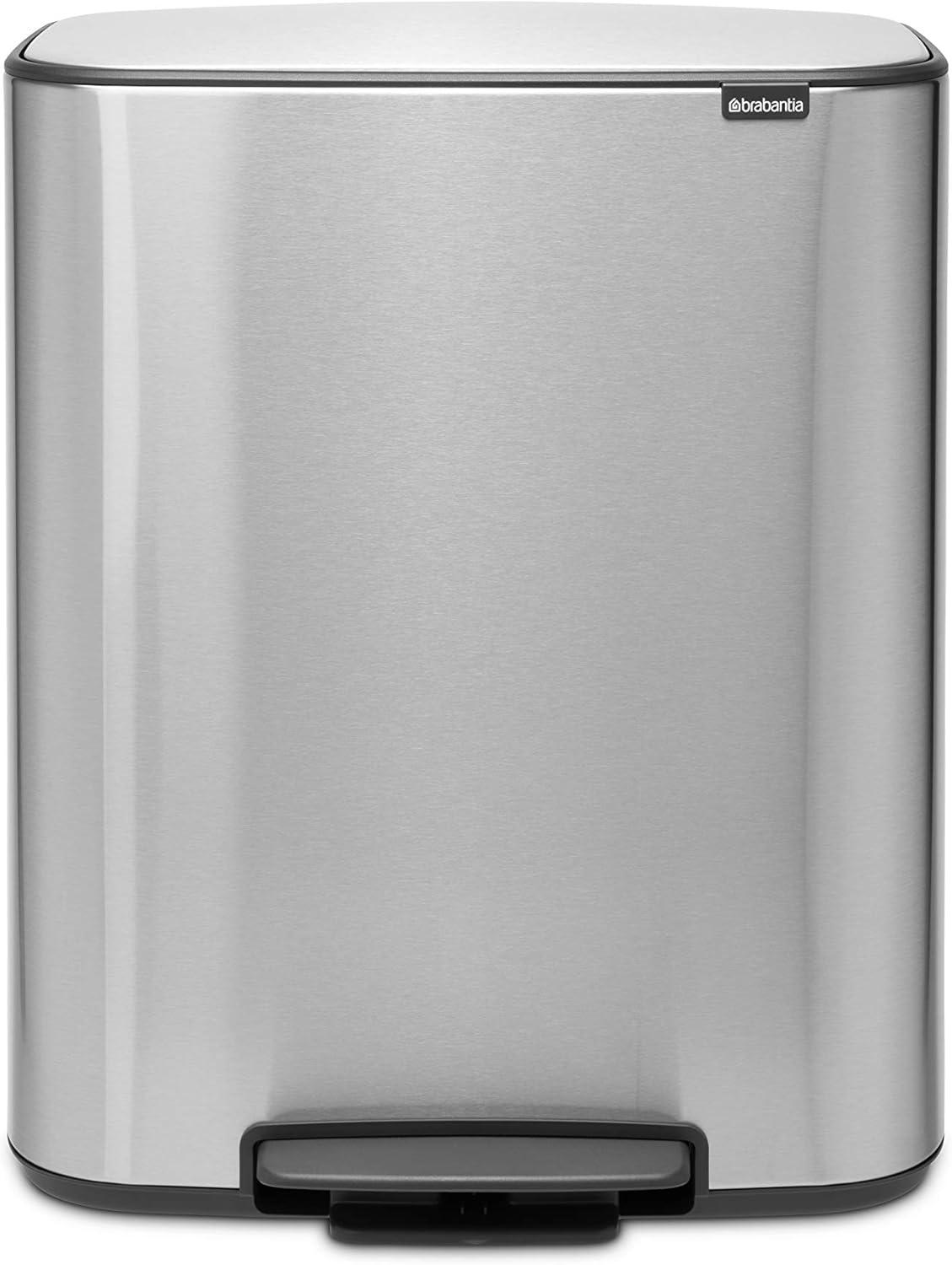 image:imageBrabantia Bo StepOn Kitchen Trash Can with Dual Compartments Matt Black 3 6 Gal Inner Buckets SoftClose Garbage Can Light Pedal Operation StayOpen Lid Fits Against Wall Trash BagsMatt Steel FPP