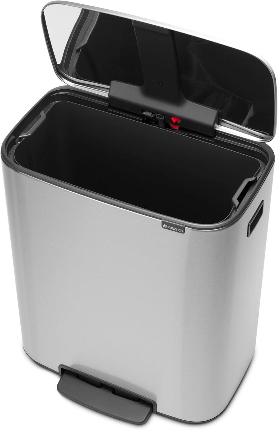 image:imageBrabantia Bo StepOn Kitchen Trash Can with Dual Compartments Matt Black 3 6 Gal Inner Buckets SoftClose Garbage Can Light Pedal Operation StayOpen Lid Fits Against Wall Trash BagsMatt Steel FPP