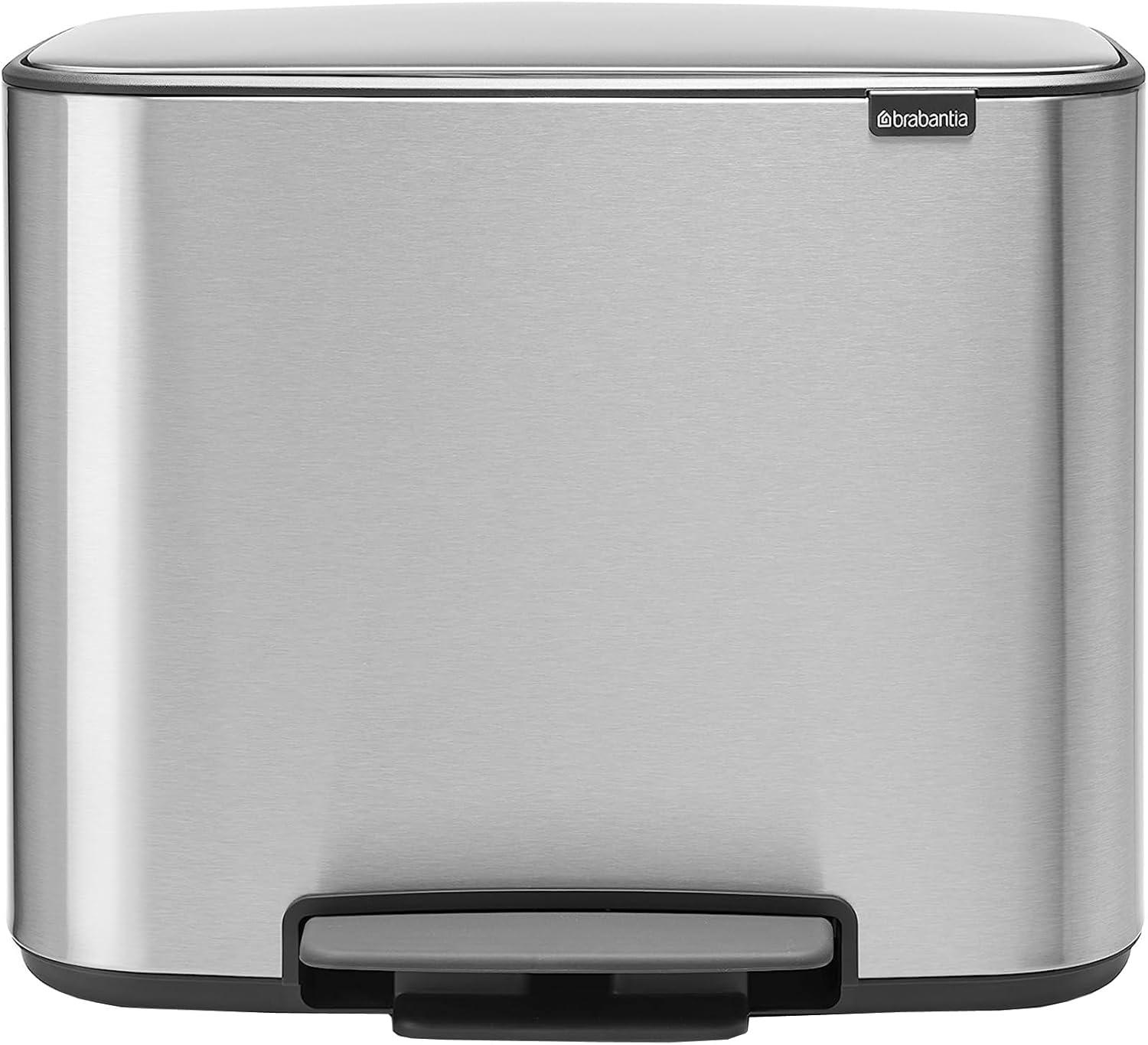 image:imageBrabantia Bo StepOn Kitchen Trash Can with Dual Compartments Matt Black 3 6 Gal Inner Buckets SoftClose Garbage Can Light Pedal Operation StayOpen Lid Fits Against Wall Trash BagsMatt Steel FPP