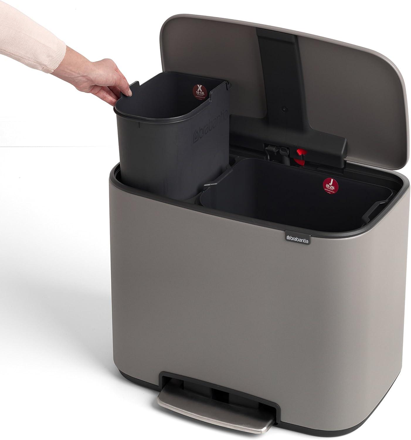 image:imageBrabantia Bo StepOn Kitchen Trash Can with Dual Compartments Matt Black 3 6 Gal Inner Buckets SoftClose Garbage Can Light Pedal Operation StayOpen Lid Fits Against Wall Trash BagsMineral Concrete Gray