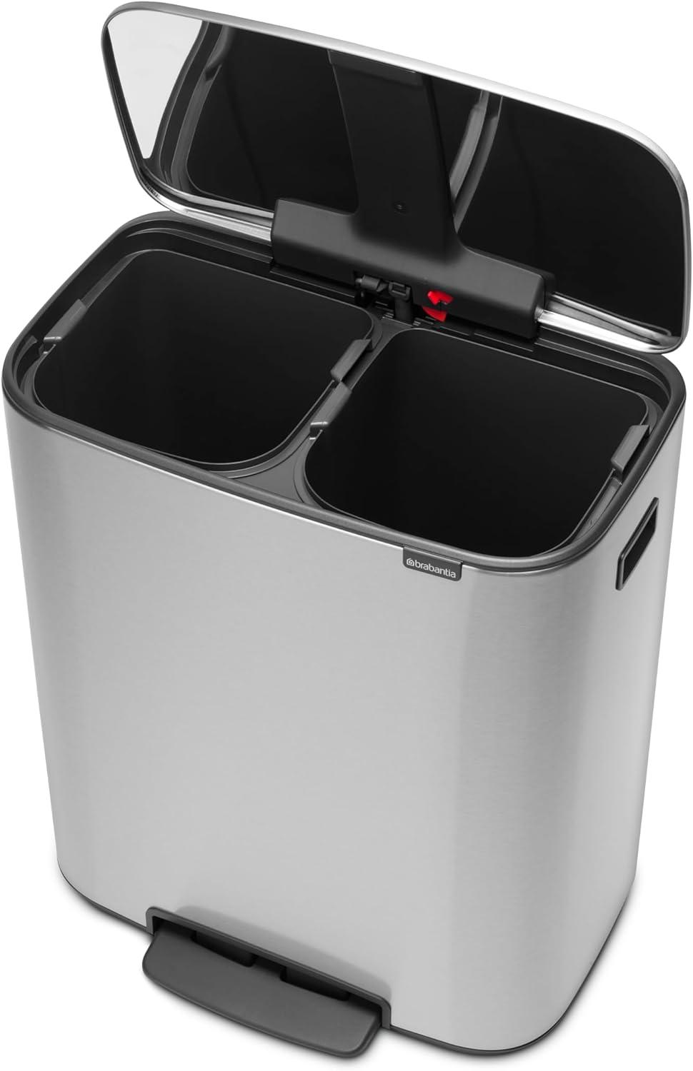 image:imageBrabantia Bo StepOn Kitchen Trash Can with Dual Compartments Matt Black 3 6 Gal Inner Buckets SoftClose Garbage Can Light Pedal Operation StayOpen Lid Fits Against Wall Trash BagsMatt Steel FPP