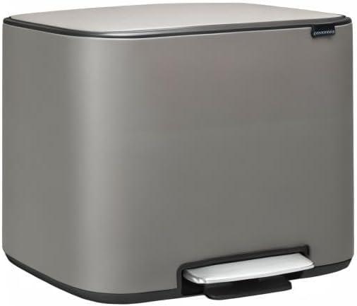 image:imageBrabantia Bo StepOn Kitchen Trash Can with Dual Compartments Matt Black 3 6 Gal Inner Buckets SoftClose Garbage Can Light Pedal Operation StayOpen Lid Fits Against Wall Trash BagsMineral Concrete Gray