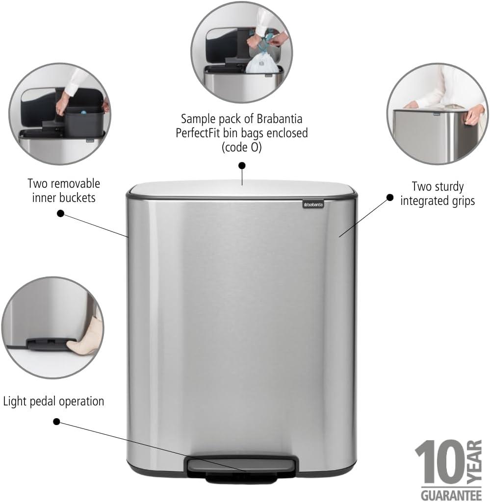 image:imageBrabantia Bo StepOn Kitchen Trash Can with Dual Compartments Matt Black 3 6 Gal Inner Buckets SoftClose Garbage Can Light Pedal Operation StayOpen Lid Fits Against Wall Trash BagsMatt Steel FPP