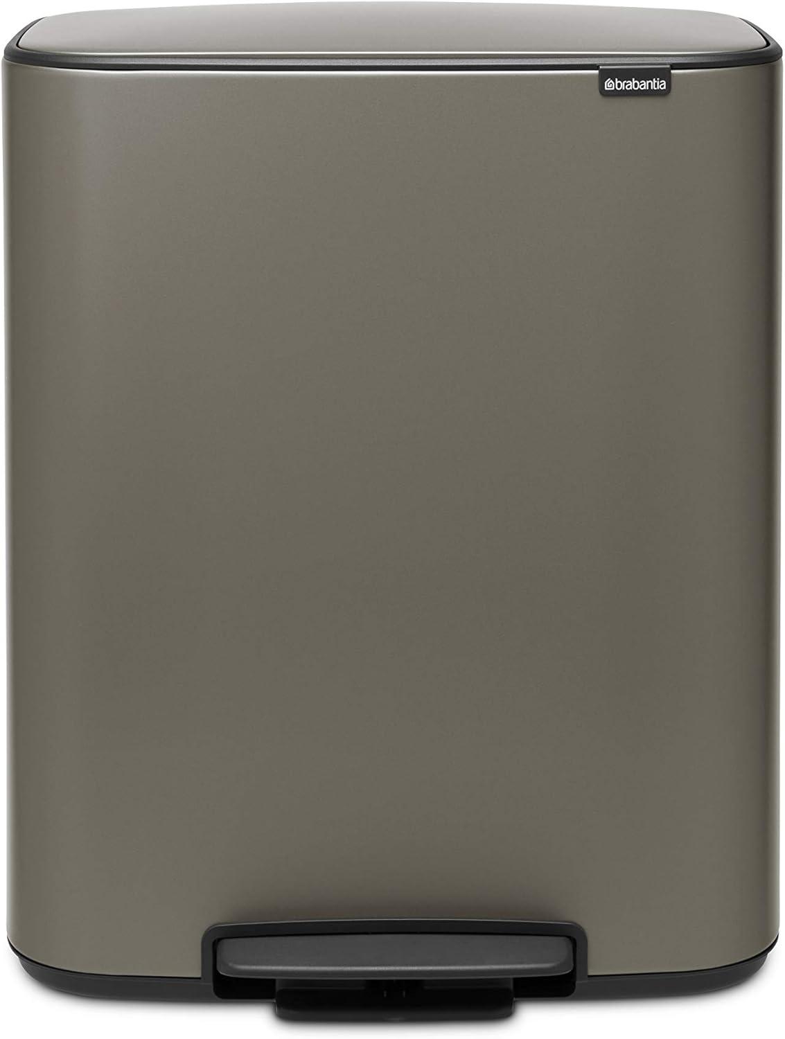 image:imageBrabantia Bo StepOn Kitchen Trash Can with Dual Compartments Matt Black 3 6 Gal Inner Buckets SoftClose Garbage Can Light Pedal Operation StayOpen Lid Fits Against Wall Trash BagsPlatinum