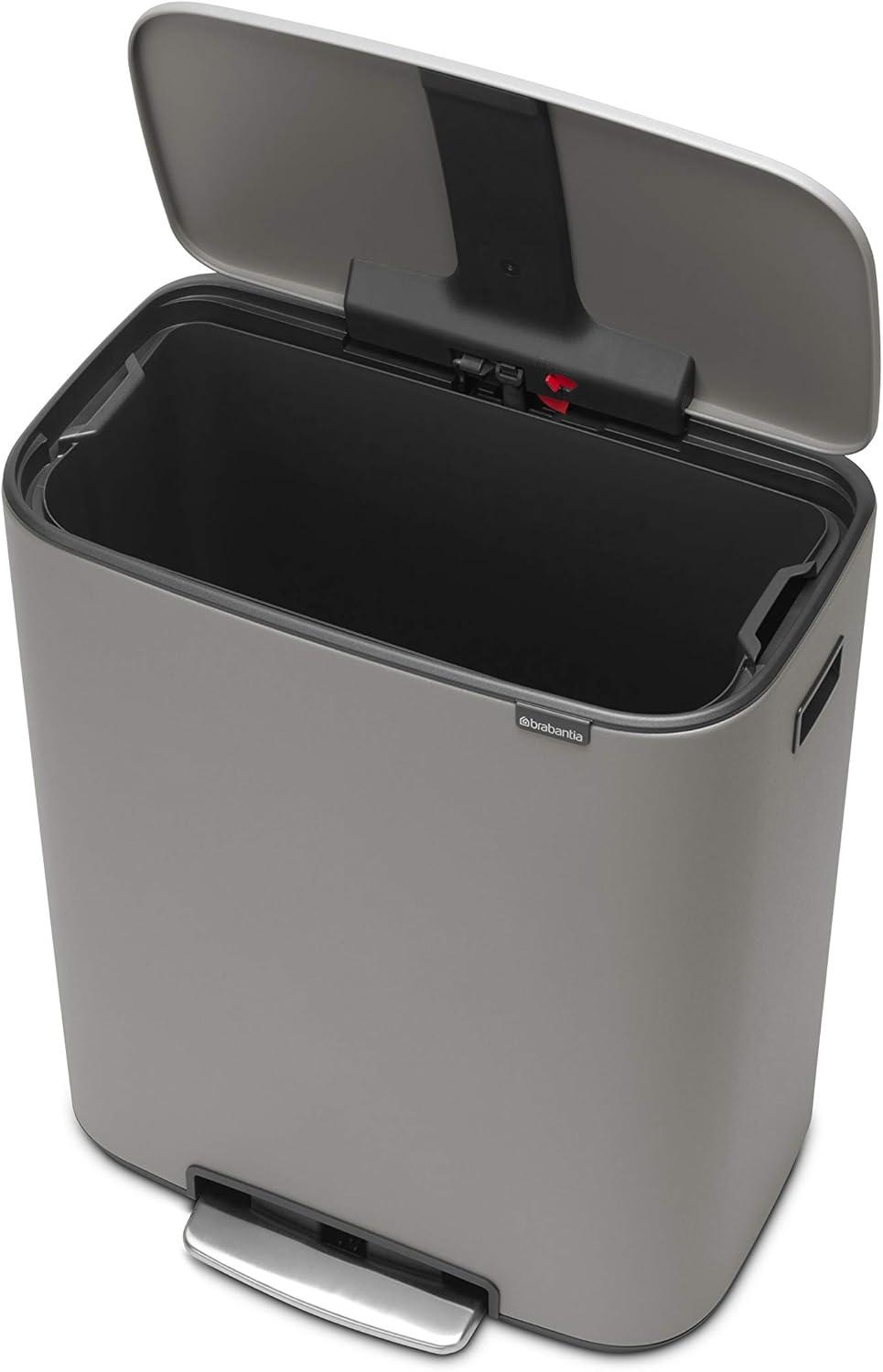 image:imageBrabantia Bo StepOn Kitchen Trash Can with Dual Compartments Matt Black 3 6 Gal Inner Buckets SoftClose Garbage Can Light Pedal Operation StayOpen Lid Fits Against Wall Trash BagsMineral Concrete Gray