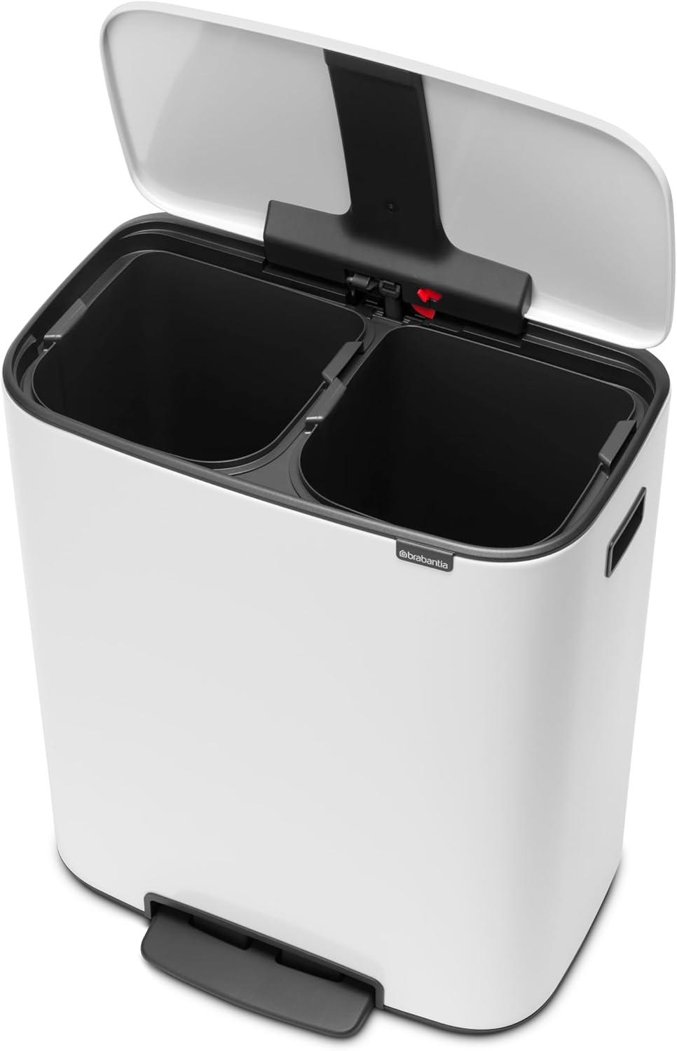 image:imageBrabantia Bo StepOn Kitchen Trash Can with Dual Compartments Matt Black 3 6 Gal Inner Buckets SoftClose Garbage Can Light Pedal Operation StayOpen Lid Fits Against Wall Trash BagsWhite