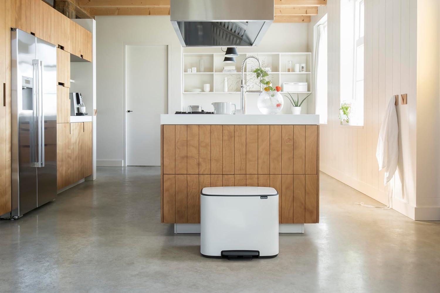 image:imageBrabantia Bo StepOn Kitchen Trash Can with Dual Compartments Matt Black 3 6 Gal Inner Buckets SoftClose Garbage Can Light Pedal Operation StayOpen Lid Fits Against Wall Trash BagsWhite