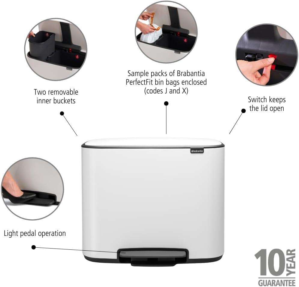 image:imageBrabantia Bo StepOn Kitchen Trash Can with Dual Compartments Matt Black 3 6 Gal Inner Buckets SoftClose Garbage Can Light Pedal Operation StayOpen Lid Fits Against Wall Trash BagsWhite