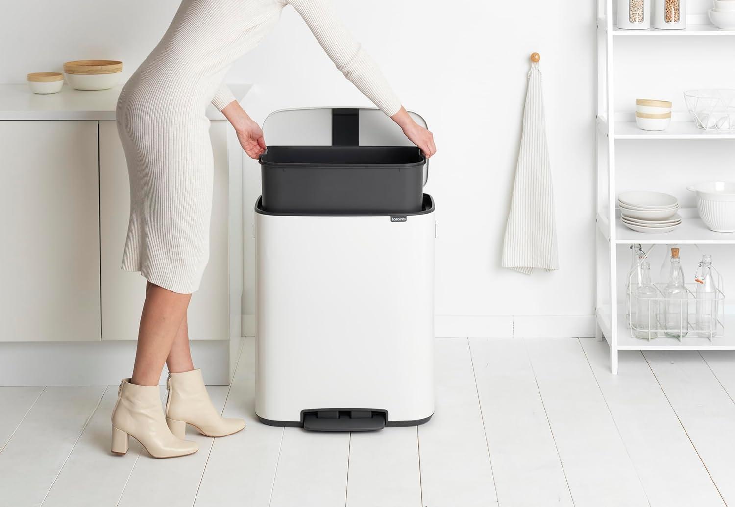 image:imageBrabantia Bo StepOn Kitchen Trash Can with Dual Compartments Matt Black 3 6 Gal Inner Buckets SoftClose Garbage Can Light Pedal Operation StayOpen Lid Fits Against Wall Trash BagsWhite