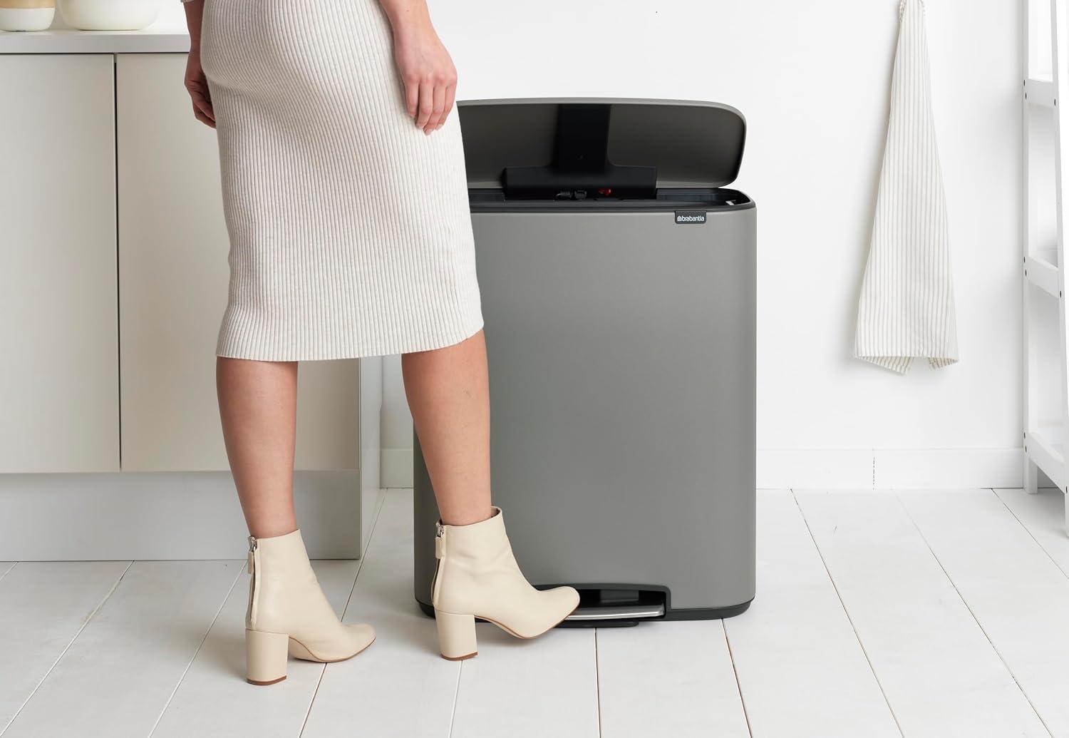 image:imageBrabantia Bo StepOn Kitchen Trash Can with Dual Compartments Matt Black 3 6 Gal Inner Buckets SoftClose Garbage Can Light Pedal Operation StayOpen Lid Fits Against Wall Trash BagsMineral Concrete Gray