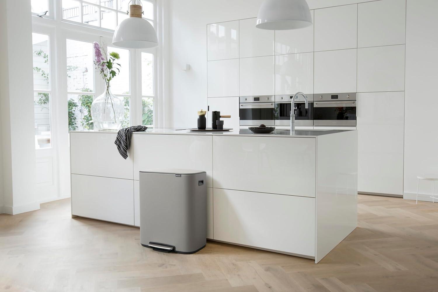 image:imageBrabantia Bo StepOn Kitchen Trash Can with Dual Compartments Matt Black 3 6 Gal Inner Buckets SoftClose Garbage Can Light Pedal Operation StayOpen Lid Fits Against Wall Trash BagsMineral Concrete Gray