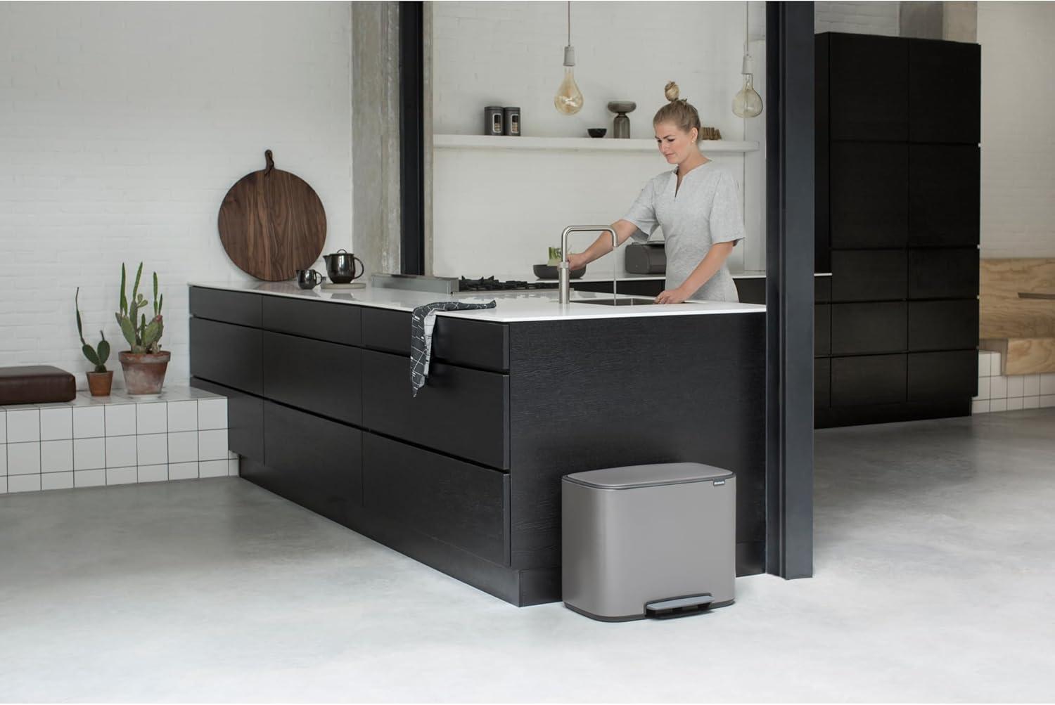 image:imageBrabantia Bo StepOn Kitchen Trash Can with Dual Compartments Matt Black 3 6 Gal Inner Buckets SoftClose Garbage Can Light Pedal Operation StayOpen Lid Fits Against Wall Trash BagsPlatinum