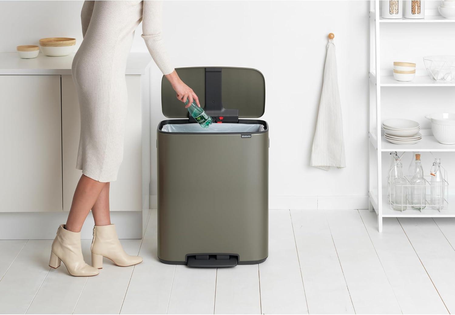 image:imageBrabantia Bo StepOn Kitchen Trash Can with Dual Compartments Matt Black 3 6 Gal Inner Buckets SoftClose Garbage Can Light Pedal Operation StayOpen Lid Fits Against Wall Trash BagsPlatinum