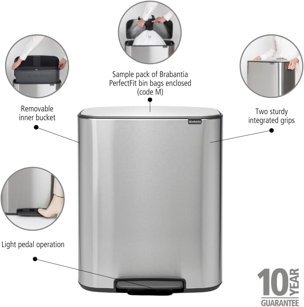 image:imageBrabantia Bo StepOn Kitchen Trash Can with Dual Compartments Matt Black 3 6 Gal Inner Buckets SoftClose Garbage Can Light Pedal Operation StayOpen Lid Fits Against Wall Trash BagsMatt Steel FPP