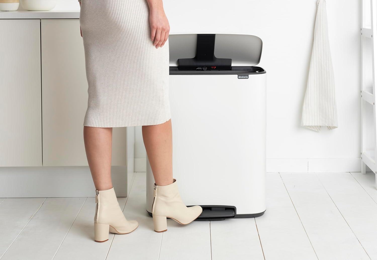 image:imageBrabantia Bo StepOn Kitchen Trash Can with Dual Compartments Matt Black 3 6 Gal Inner Buckets SoftClose Garbage Can Light Pedal Operation StayOpen Lid Fits Against Wall Trash BagsWhite