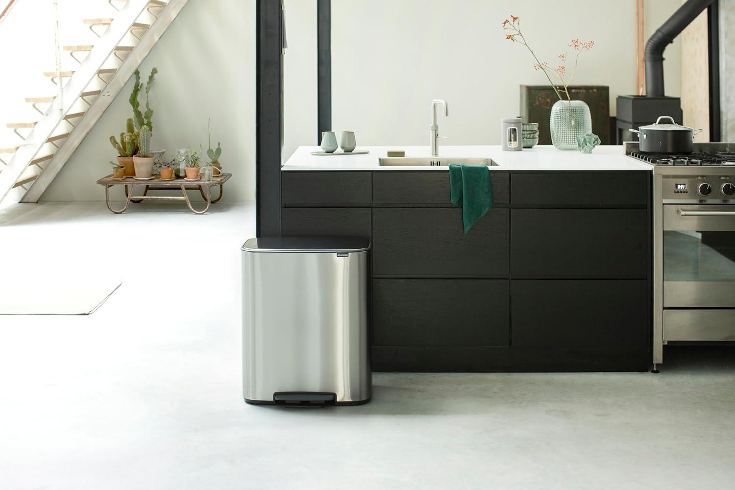 image:imageBrabantia Bo StepOn Kitchen Trash Can with Dual Compartments Matt Black 3 6 Gal Inner Buckets SoftClose Garbage Can Light Pedal Operation StayOpen Lid Fits Against Wall Trash BagsMatt Steel FPP